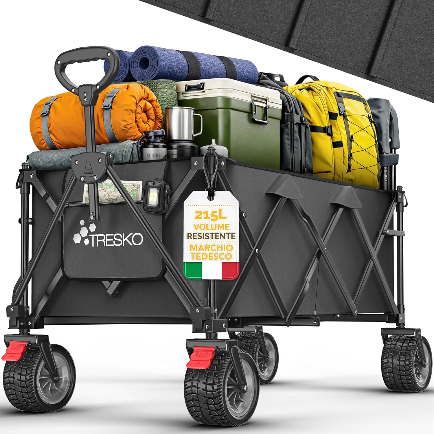 Detalle de TRESKO Carrello pieghevole XXL da 215 L con freno e pneumatici pieni — stabilità, versatilità e praticità per spiaggia, campeggio e giardino