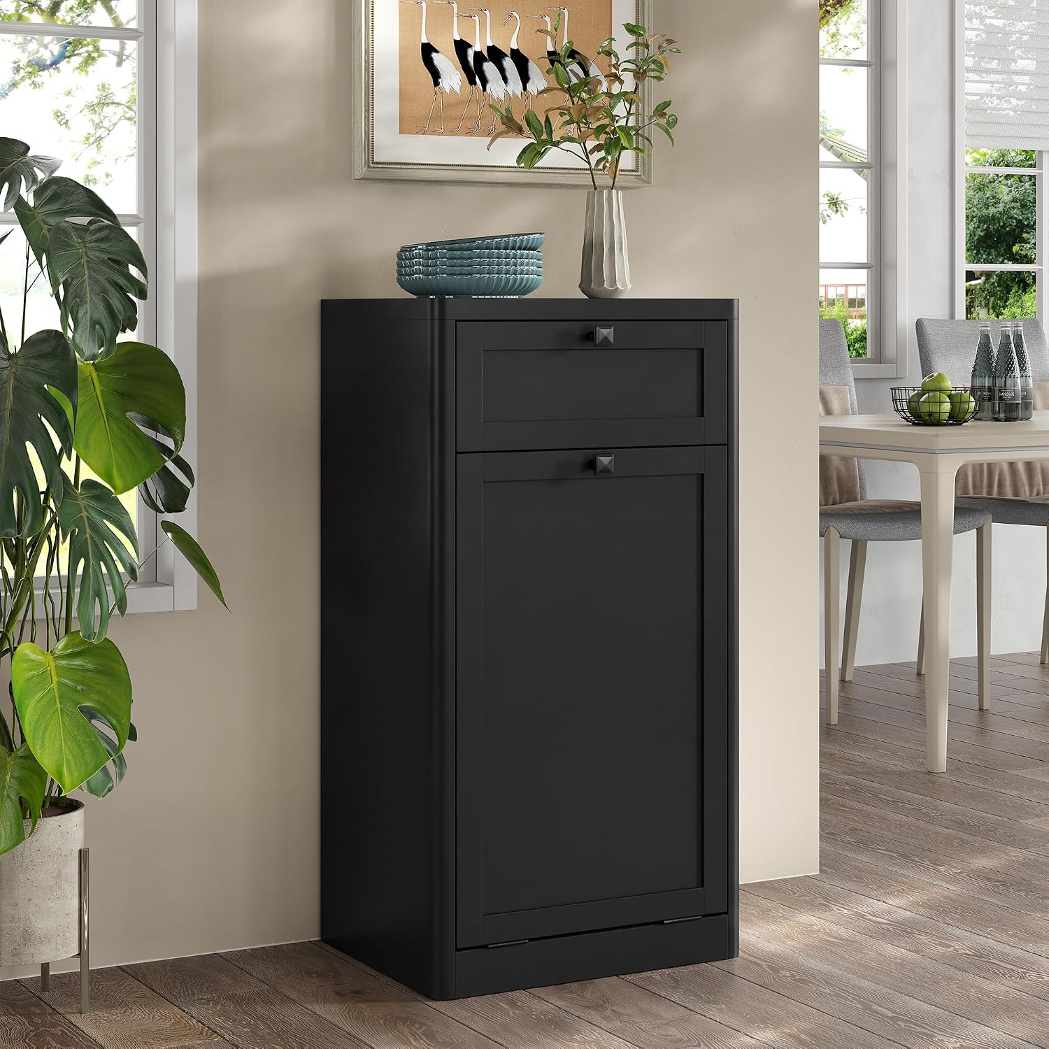 Thumbnail 3 de Furniouse 13-Gallon Tilt-Out Trash Cabinet with Drawer, Black Engineered Wood