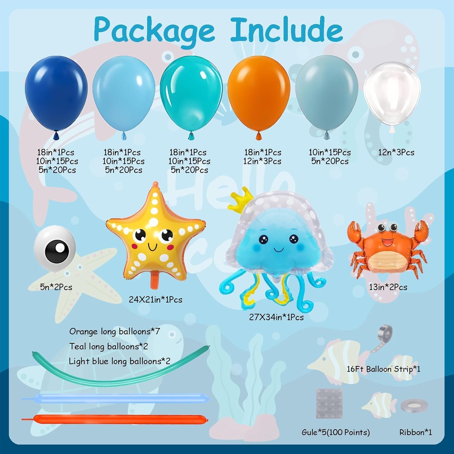 Detalle de 166Pcs Ocean Animals Blue Balloon Arch Kit – Light Blue to Teal and Orange Balloons for Under The Sea Party