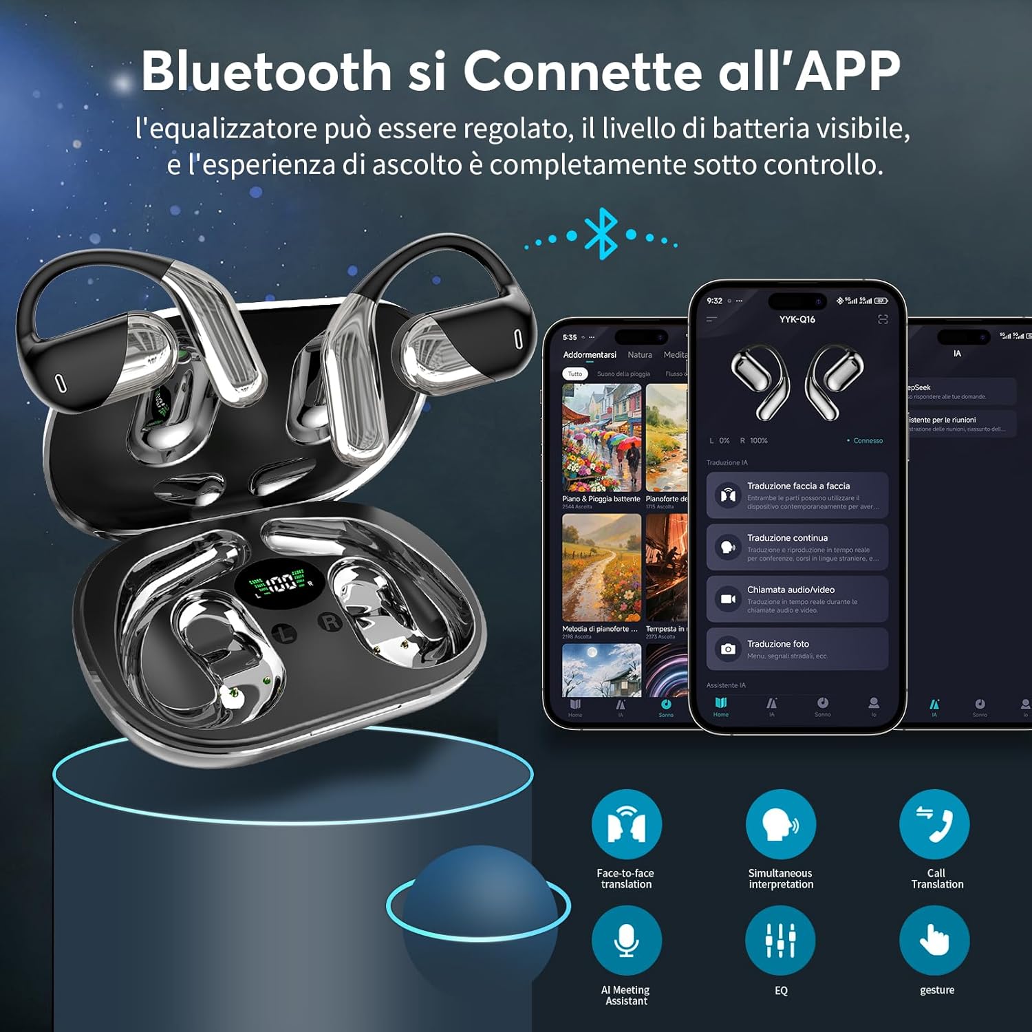 Detalle 2 de Paekole AI Cuffie Traduzione Simultanea 2026: Auricolari Bluetooth 6.1 4-in-1 con 198 Lingue, Open-Ear, 80 Ore di Riproduzione