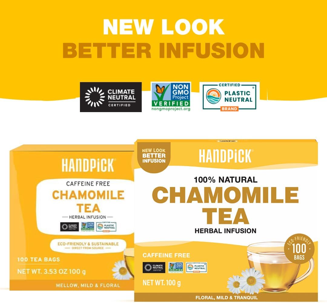 Detalle de HANDPICK Tisane de Camomille – 100 Sachets Écoresponsables, Sans Caféine & 100% Fleurs de Camomille Pur