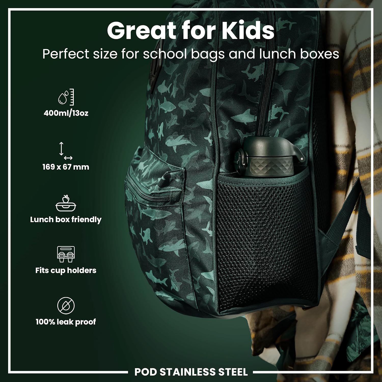 Detalle 2 de ION8 Lightweight Steel Kids Water Bottle (400ml/13oz) – Leakproof, Non-Insulated & Dishwasher Safe
