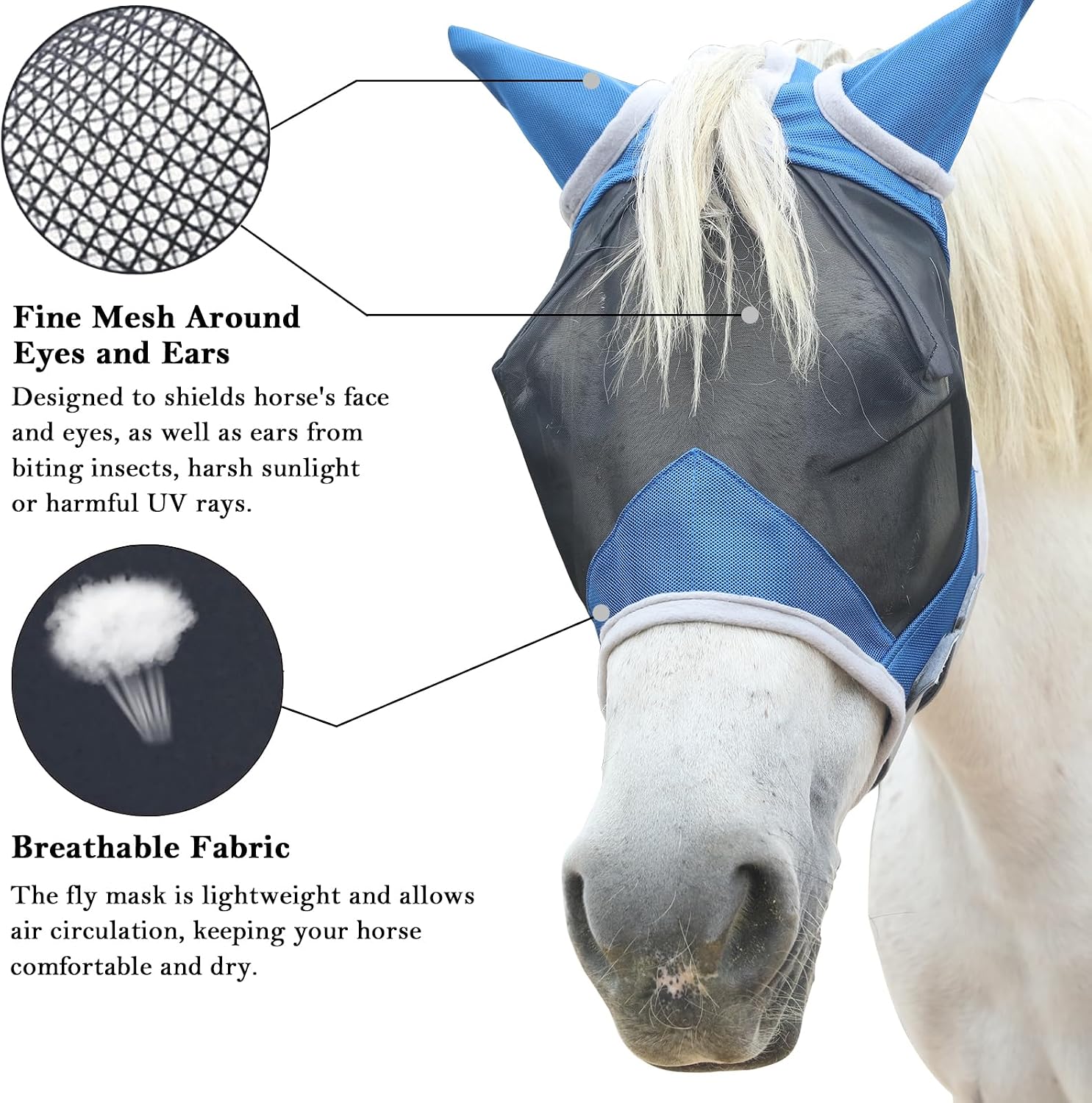 Detalle de Gallopoff Horse Fly Mask with Ears (Royal Blue Cob) – Breathable Mesh with UV Protection and Adjustable Fit