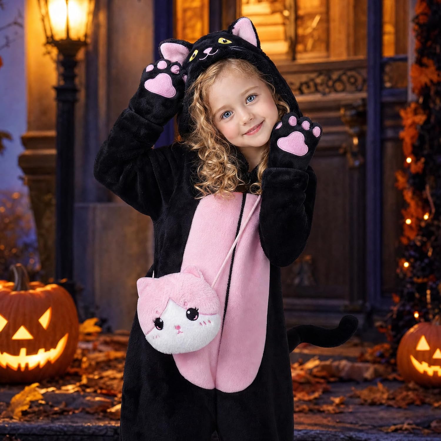 Detalle de Joycover Black Cat Costume for Girls, Flannel Onesie with Hood, Tail & Purse