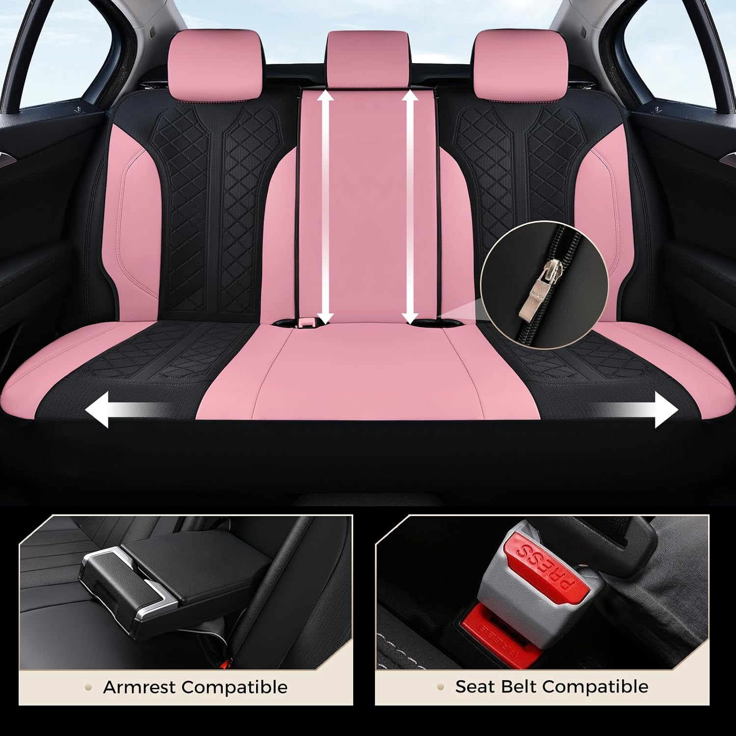 Detalle de Coverado Automotive Seat Covers Full Set with Leather-Style PU & Mesh Panels (Pink Driver Seat Protectors) — Universal Fit