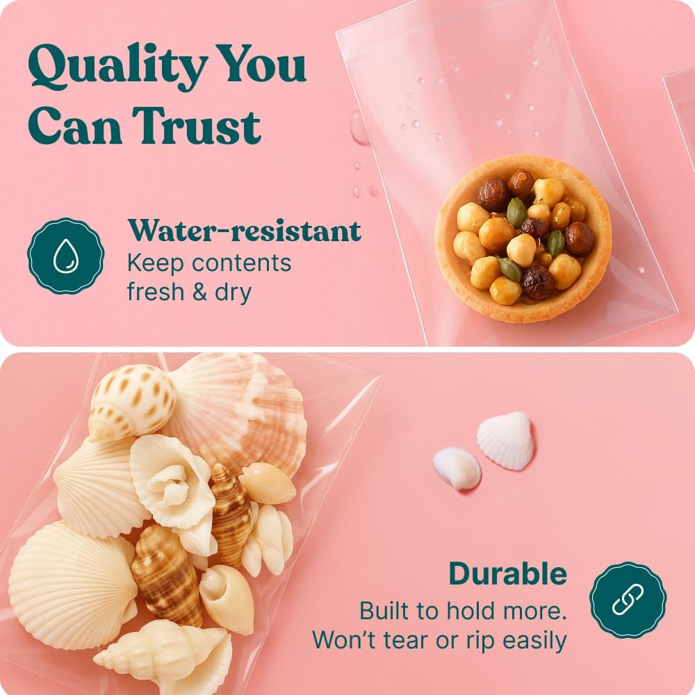 Detalle de 4" x 6" Clear Cookie Bags With Seal (200 Pack) – Self-Sealing Cellophane Bags for Bakery Packaging