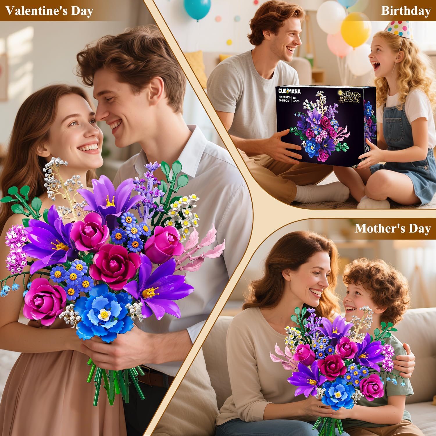 Thumbnail 6 de CUBIMANA Mother’s Day Flowers Bouquet Building Set with LED Light (Purple) – 1054PCS, 21 Flower Botanical Collection