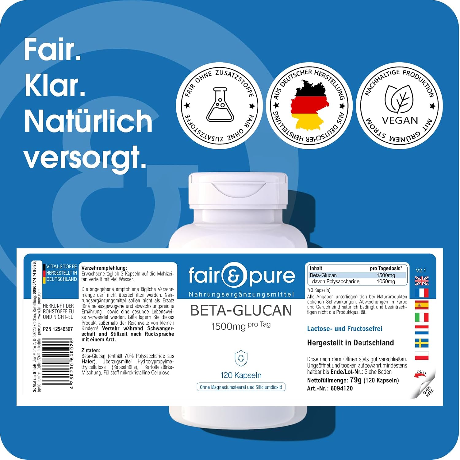 Detalle de Fair & Pure Beta-Glucan Kapseln 1500 mg aus Hafer – 120 Stück, vegan, ohne Zusatzstoffe, hergestellt in Deutschland