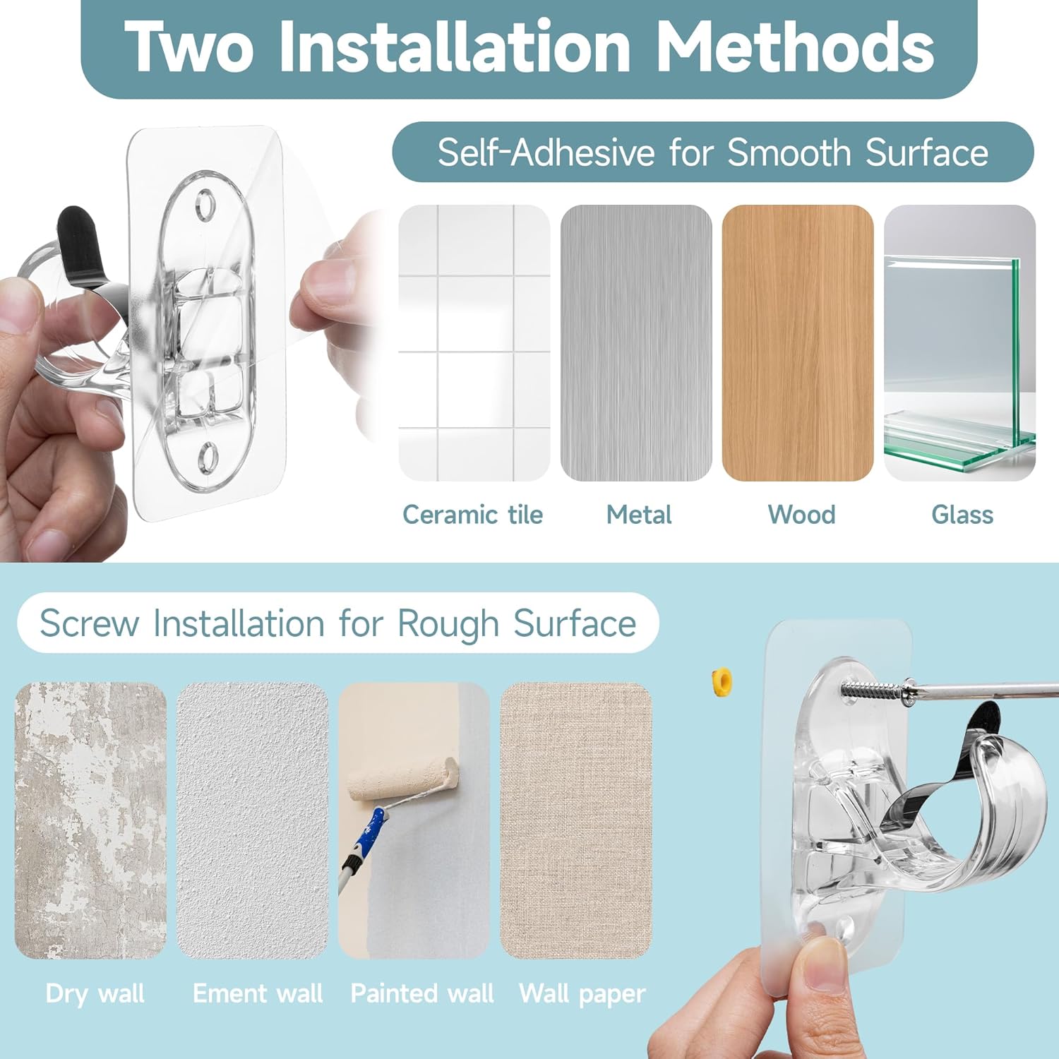 Detalle 2 de Anteabee 6 Pack Self Adhesive Curtain Rod Holders – No Drilling, Clear & Adjustable