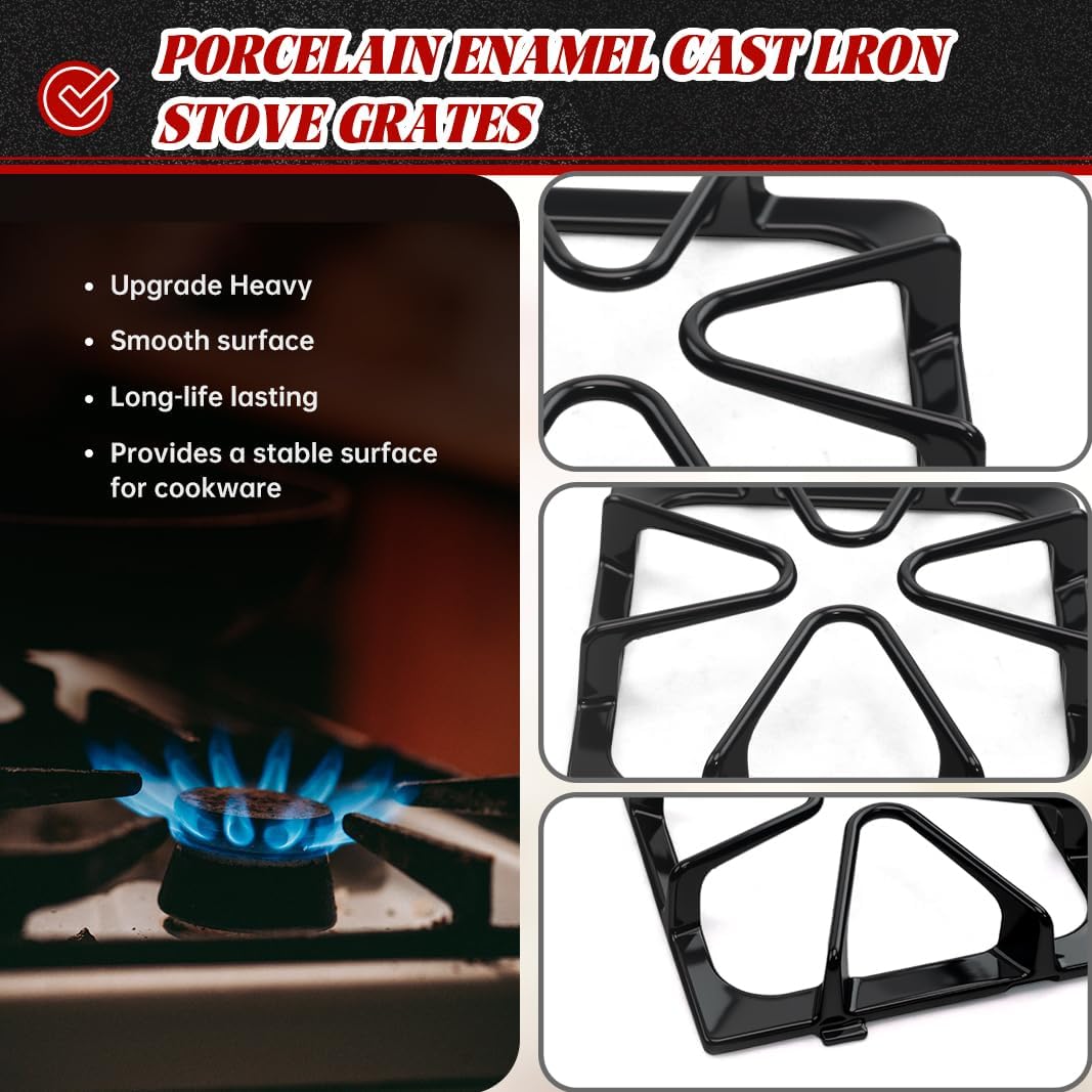 Detalle de Bewesazy W10447925-4 Cast Iron Gas Stove Grates, Porcelain Enamel, 4-Pack