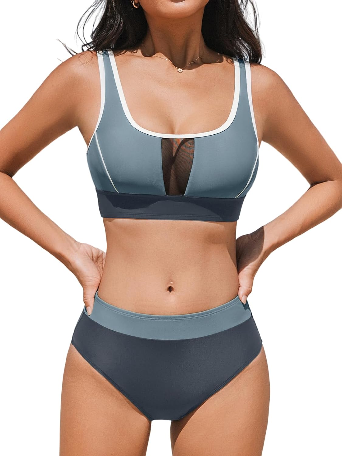 Detalle de CUPSHE Bikini due pezzi a vita alta con scollo rotondo e blocchi di colore – stile sportivo ed elegante per l’estate