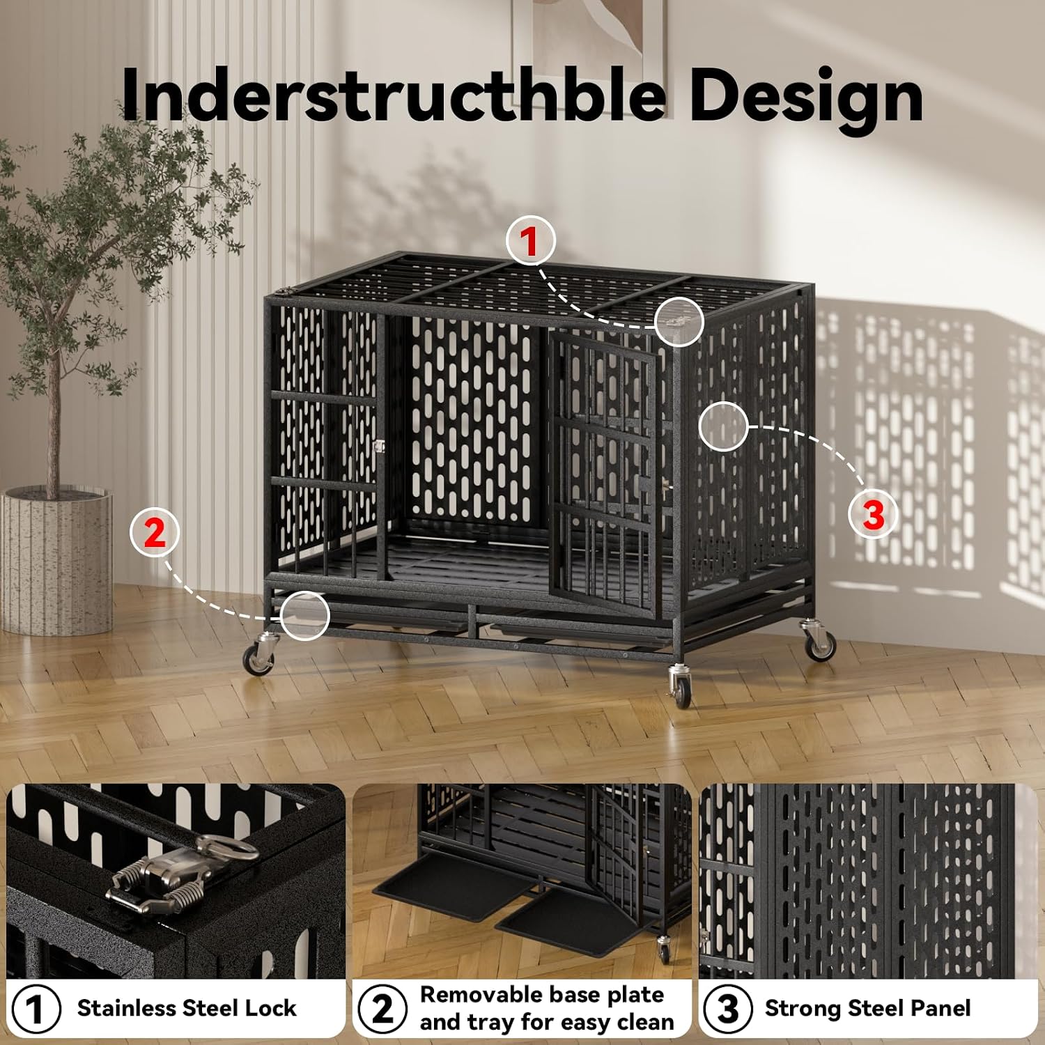 Detalle 2 de HMHTCT 42-Inch Heavy-Duty Dog Crate with Wheels, Double Doors and Tray