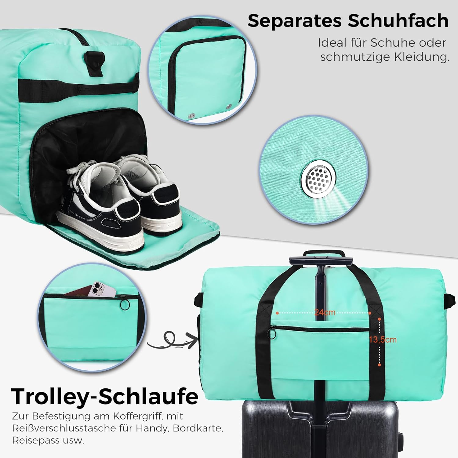 Detalle de Fmeida Reisetasche 65L (faltbar) mit Schuhfach – Duffle Bag & Kliniktasche in Mintgrün