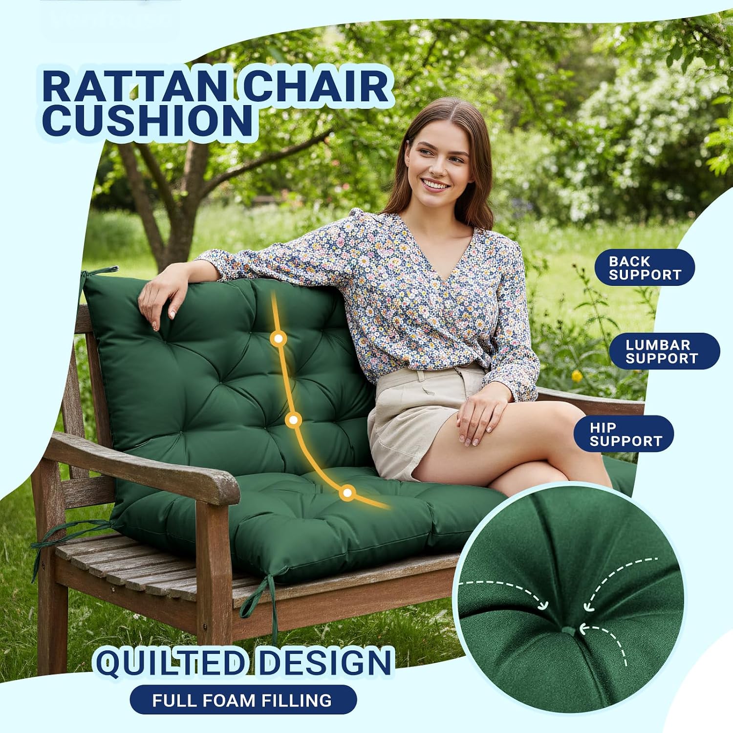 Thumbnail 1 de ZxrFxr Waterproof Swing Seat Cushions (Forest Green, 120x100cm) – 2/3/4 Seater with Anti-Slip Strips