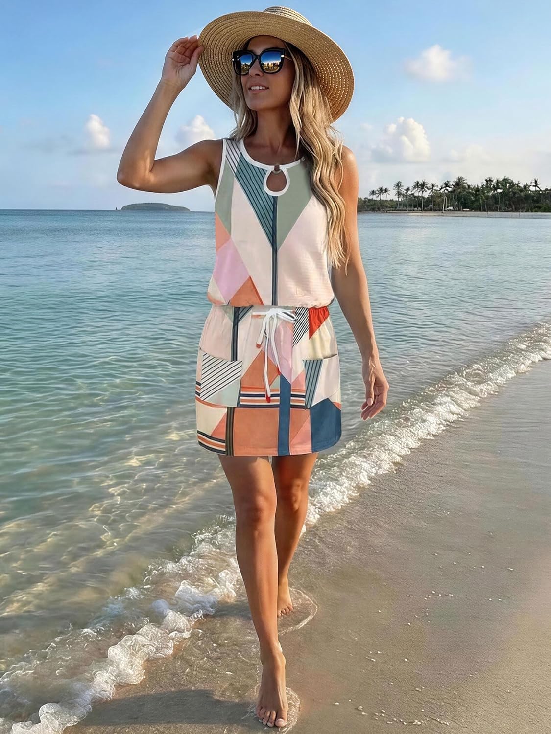 Detalle 2 de Womens Summer Casual Loose Sleeveless Crew Neck Drawstring Waist Mini Dress with Pockets