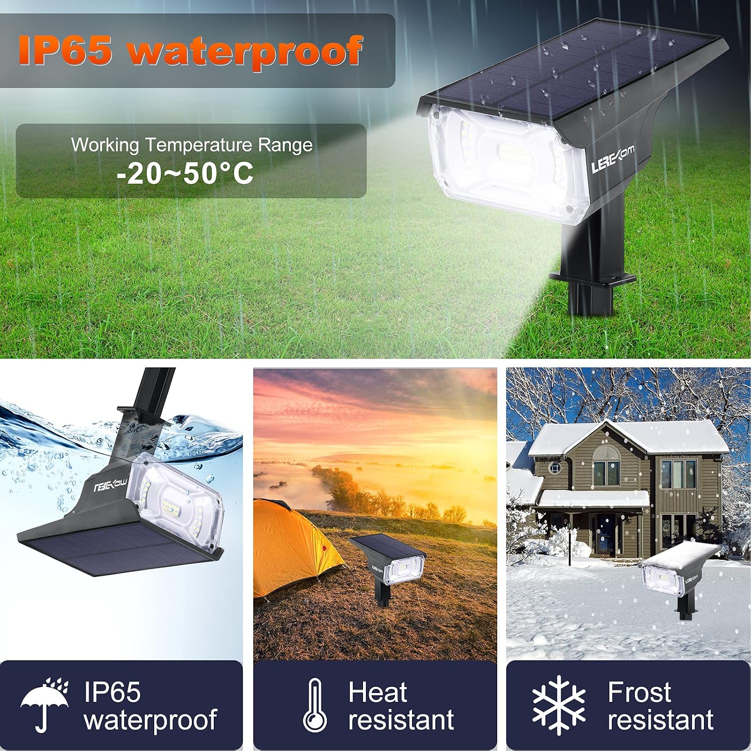 Detalle 2 de LEREKAM C2 Solar Spotlights, 40-LED Cool White, IP65, 2-Pack