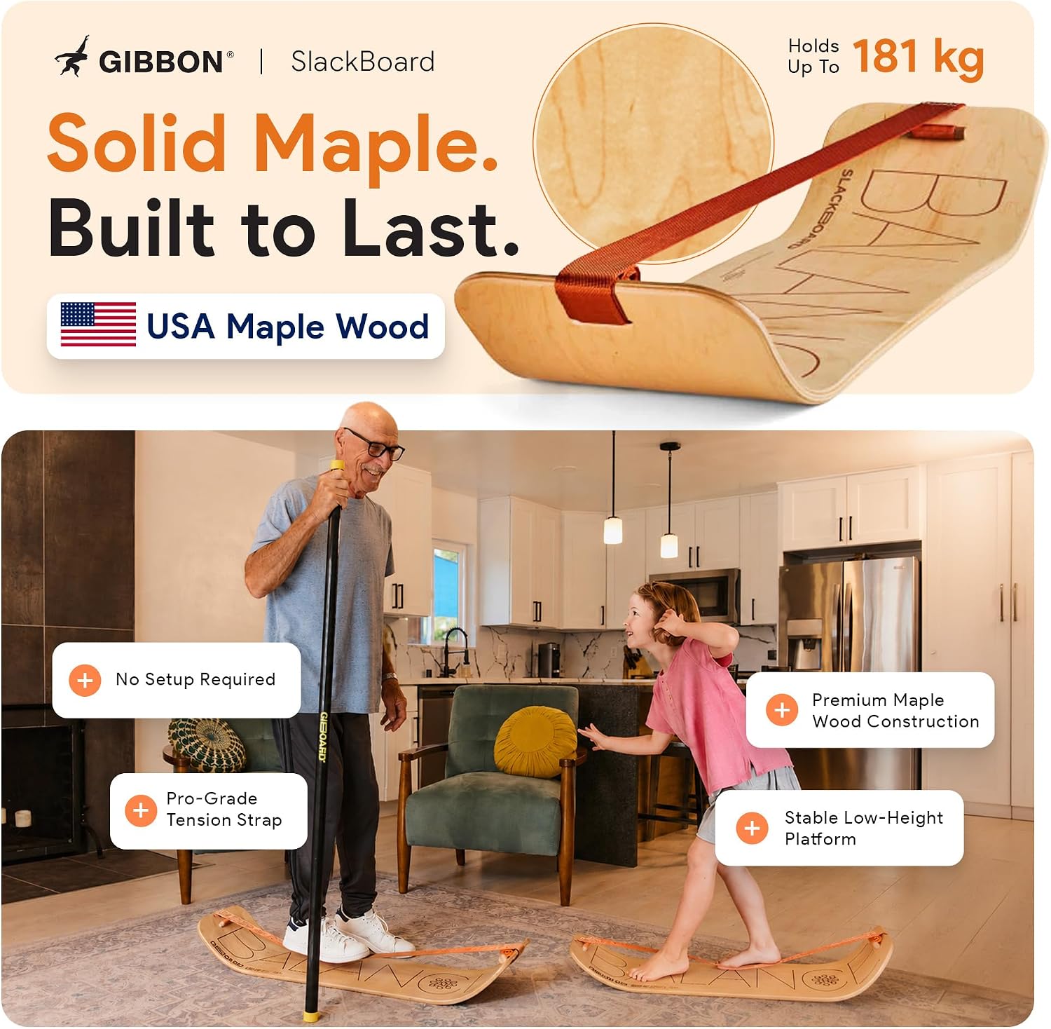 Detalle 2 de GIBBON SlackBoard GB-0182 Balance Board, 1-Line Slackline, American Maple