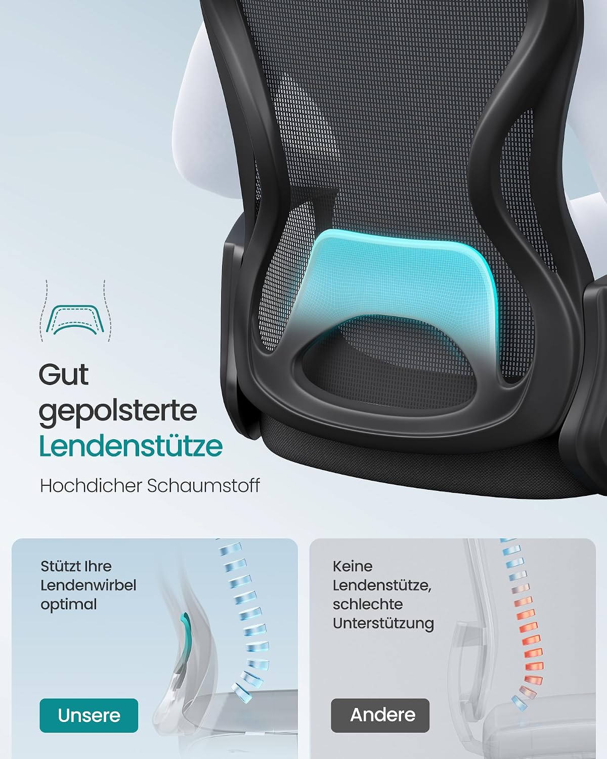 Detalle de SONGMICS Bürostuhl ergonomisch OBN043BH02 mit Netzgewebe, Lendenstütze und Wippfunktion