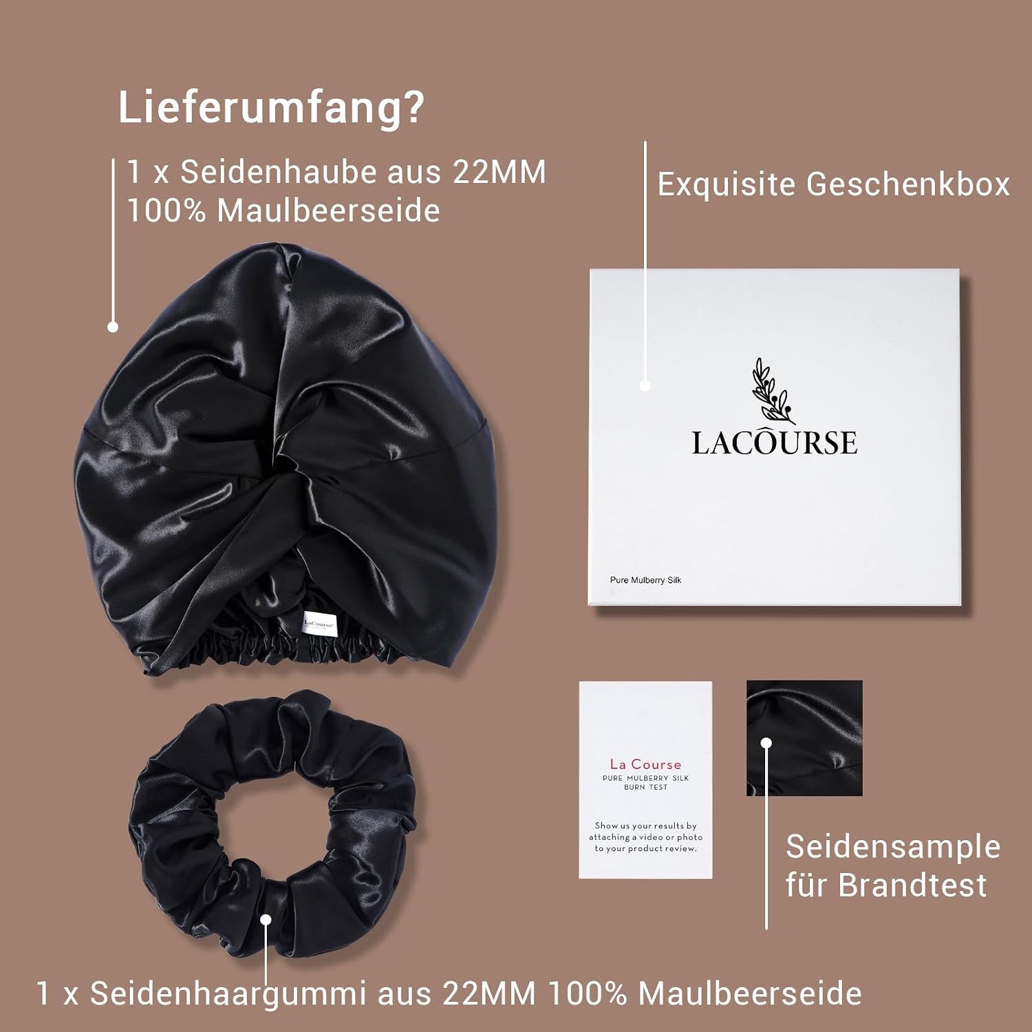 Detalle de LaCourse rutschfeste, verstellbare Seidenhaube (22 Momme, 100% Maulbeerseide) zum Schlafen – Schwarz