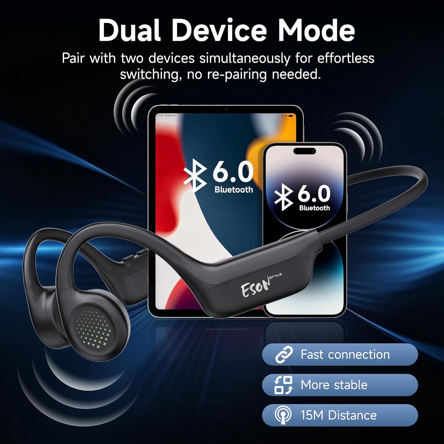 Detalle de esonstyle X33 Bone Conduction Headphones review: open-ear, IPX7, 10h battery and Bluetooth 6.0