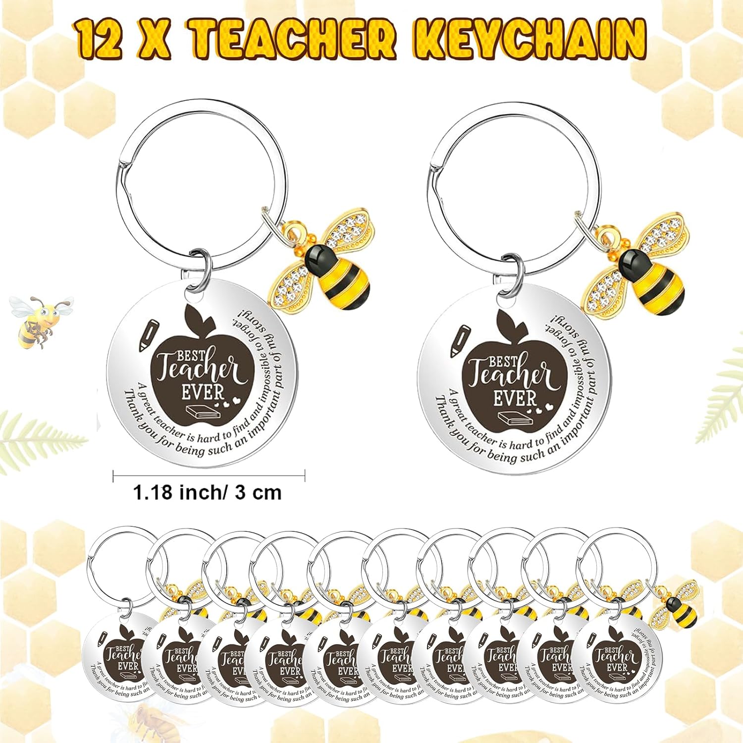 Detalle de Johiux 12‑Piece Teacher Appreciation Gift Set with Bee Keyrings, Cards and Organza Pouches