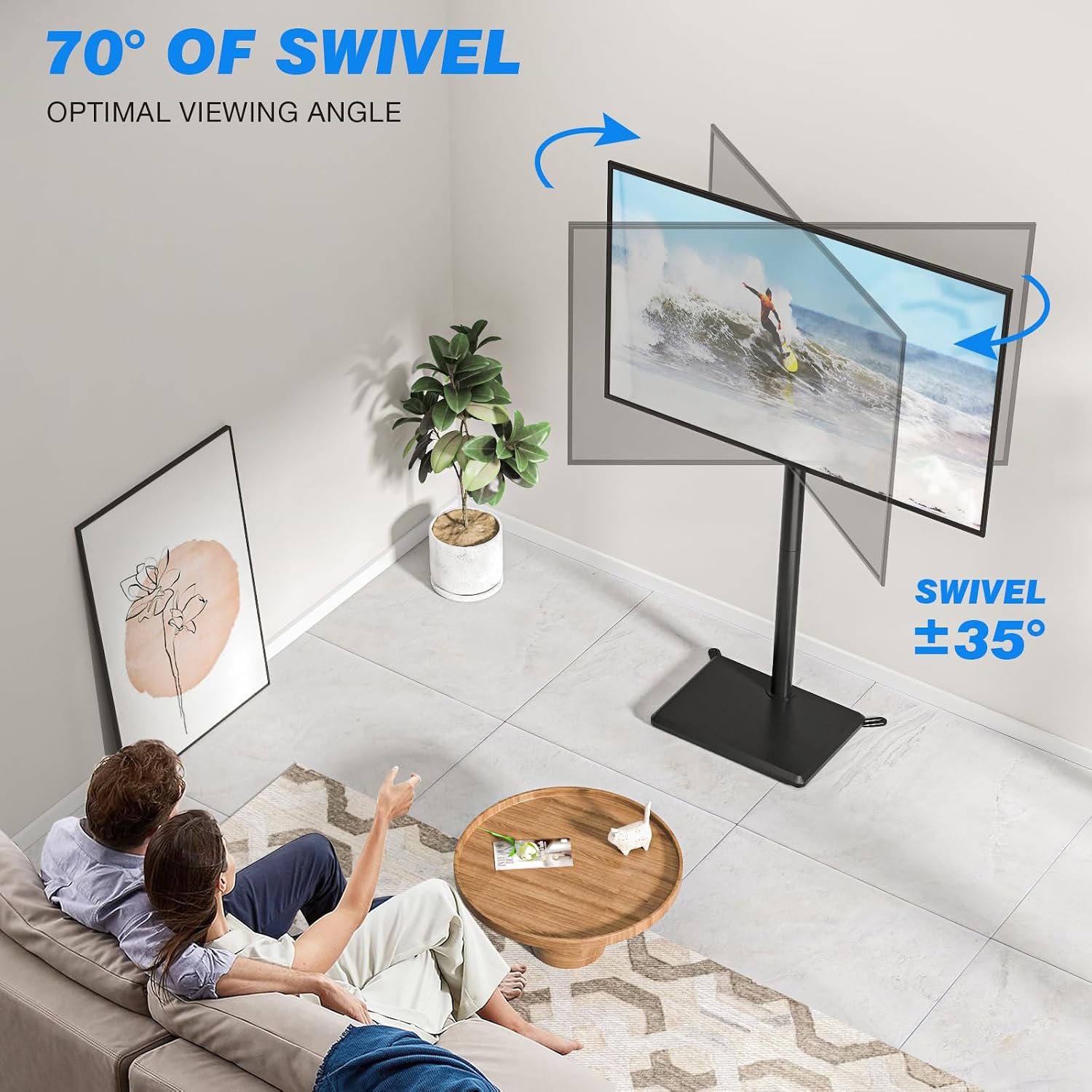 Detalle de Rfiver Swivel Floor TV Stand with Height Adjustment and Solid Wood Base