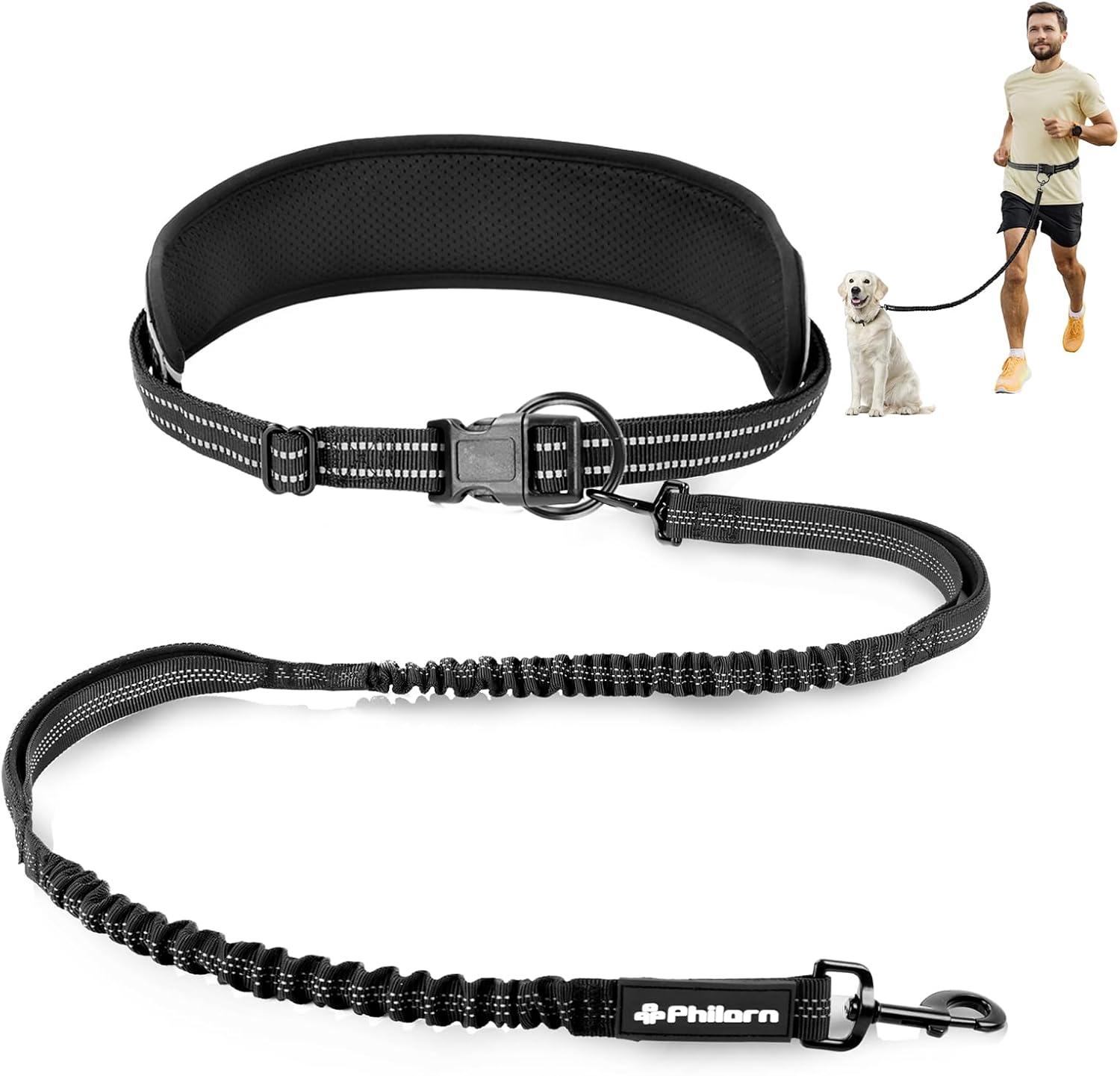 Detalle de Philorn Heavy Hands Free Dog Lead with Wide Waist Belt – Dual Handles, 50kg Shock Absorbing Bungee, Reflective for Medium to Large Dogs