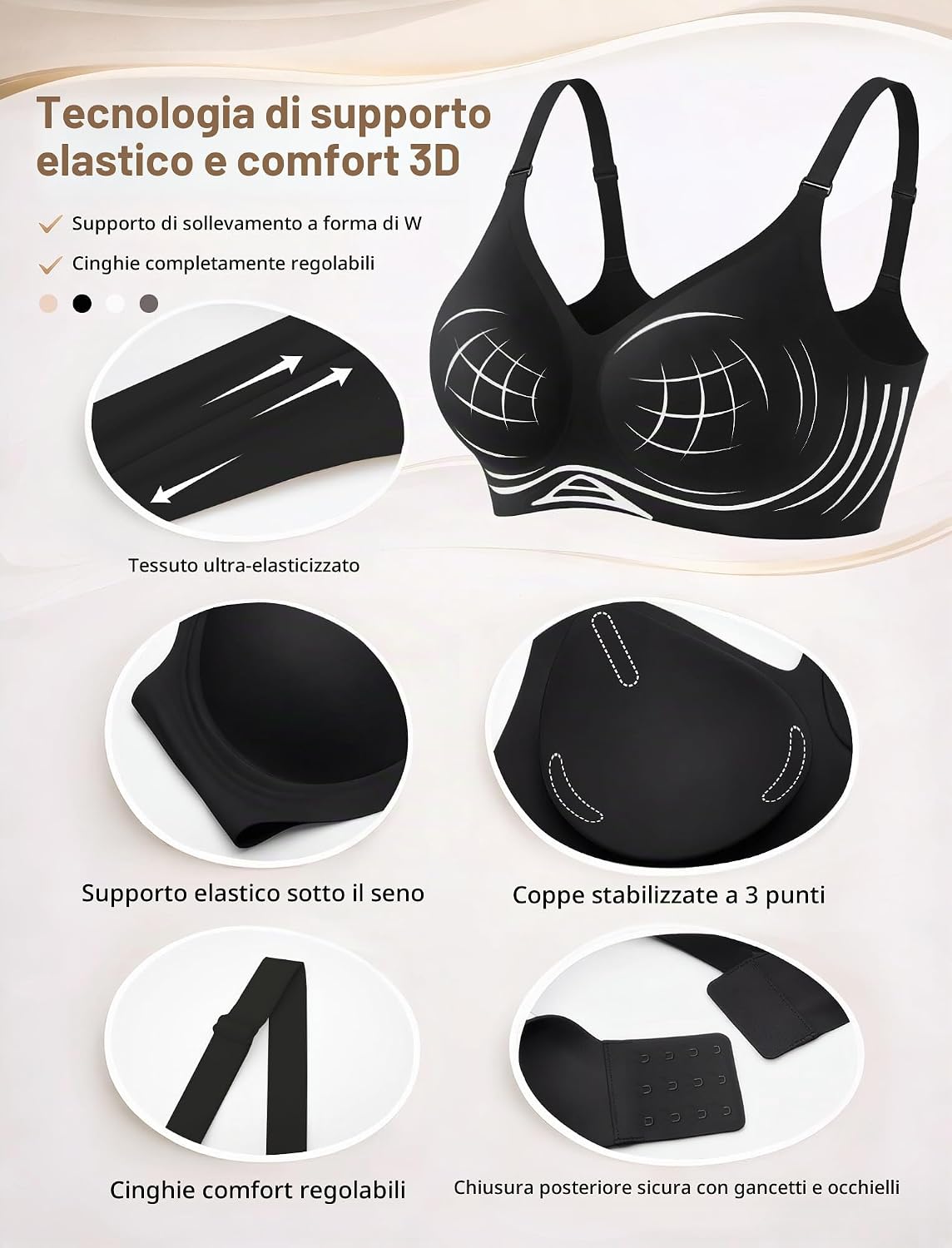 Detalle de Reggiseno Donna Senza Ferretto Push Up Imbottito Morbido Seamless Comfort Classico (Coppa Intera) con supporto forte