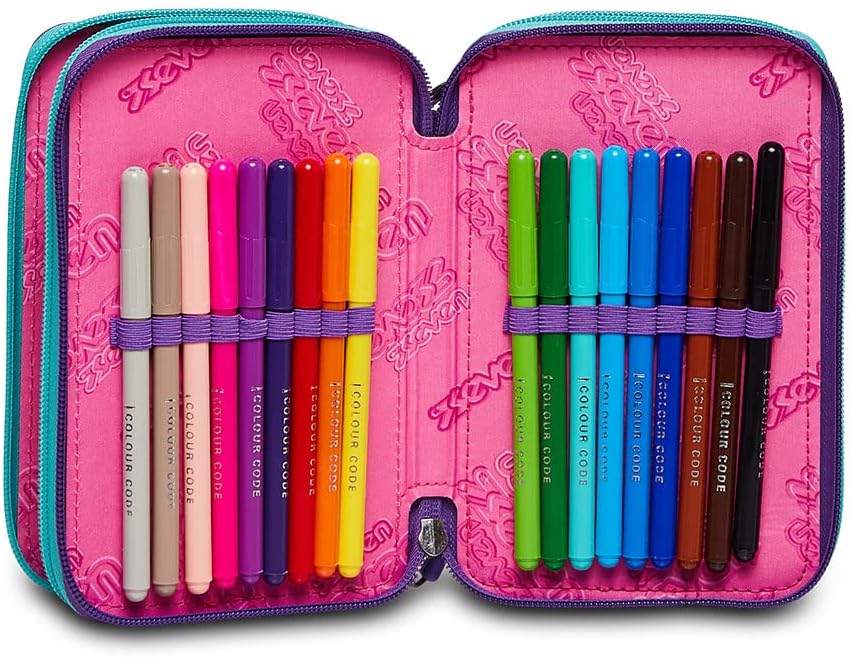 Detalle de Astuccio Seven Astuccio 3 Zip Trendy heart girl Viola con 44 pezzi e portapenne triplo scomparto