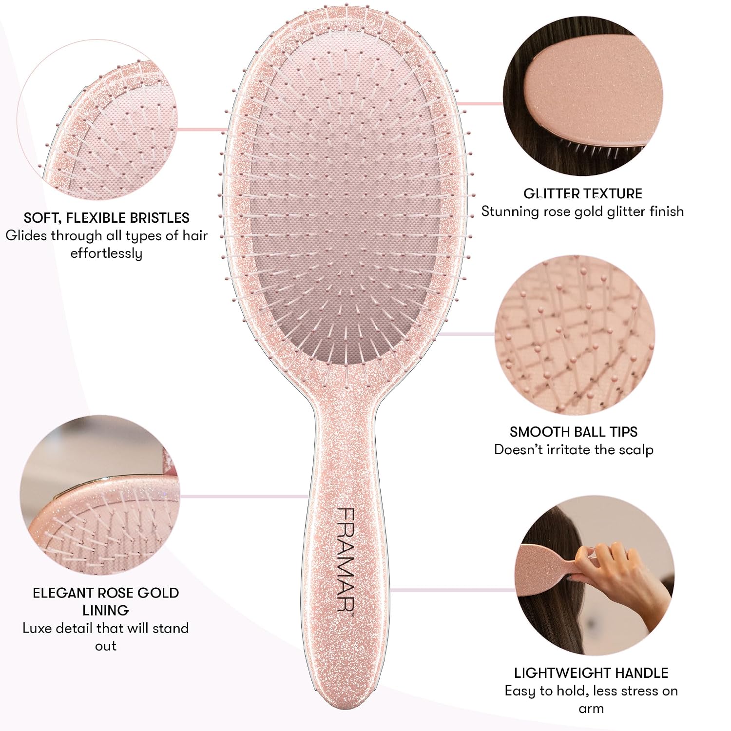 Detalle de FRAMAR Glitter Hair Brush Detangler - Rose