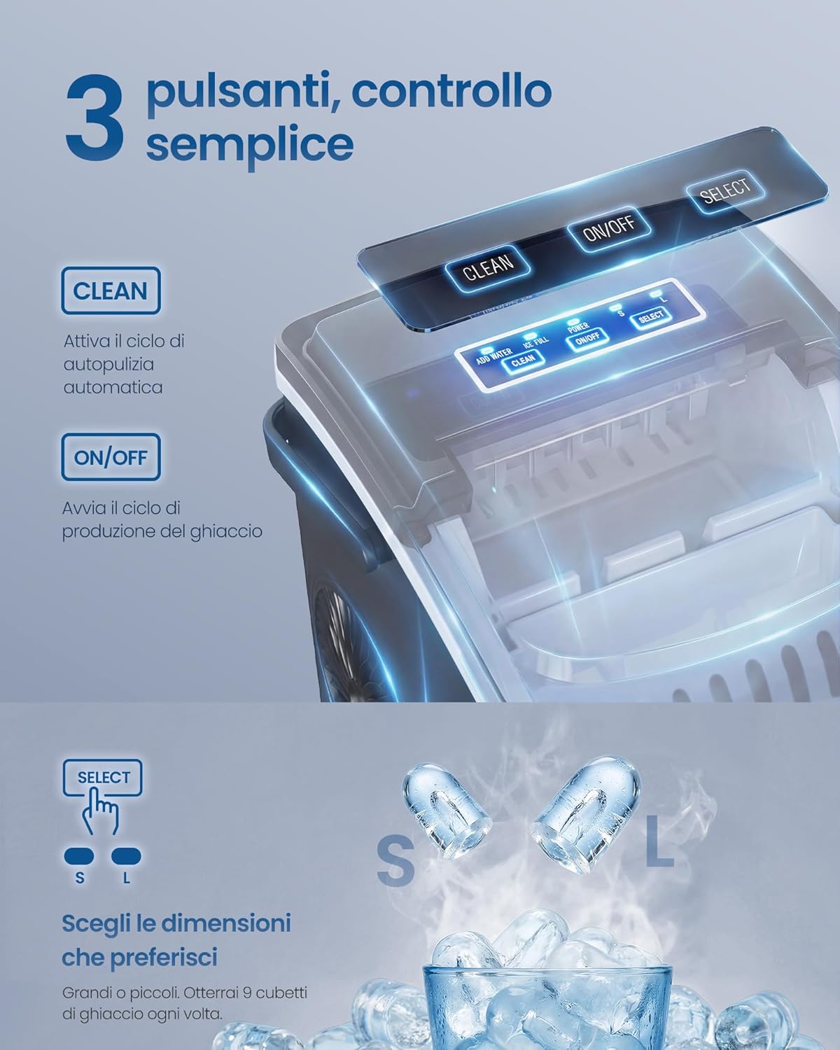 Detalle de SONGMICS Macchina Ghiaccio XZB001B1EU: compatta, silenziosa e autopulente per casa, ufficio e feste