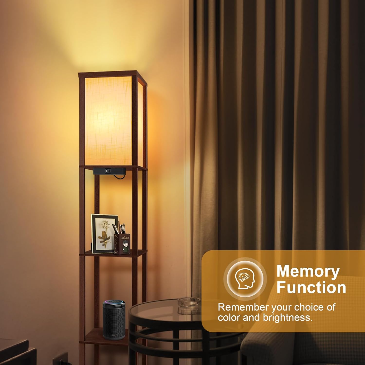 Thumbnail 4 de OUTON Floor Lamp with Shelves (Walnut Brown) – LED Column with USB & Type-C Ports, 3 Colour Temperature