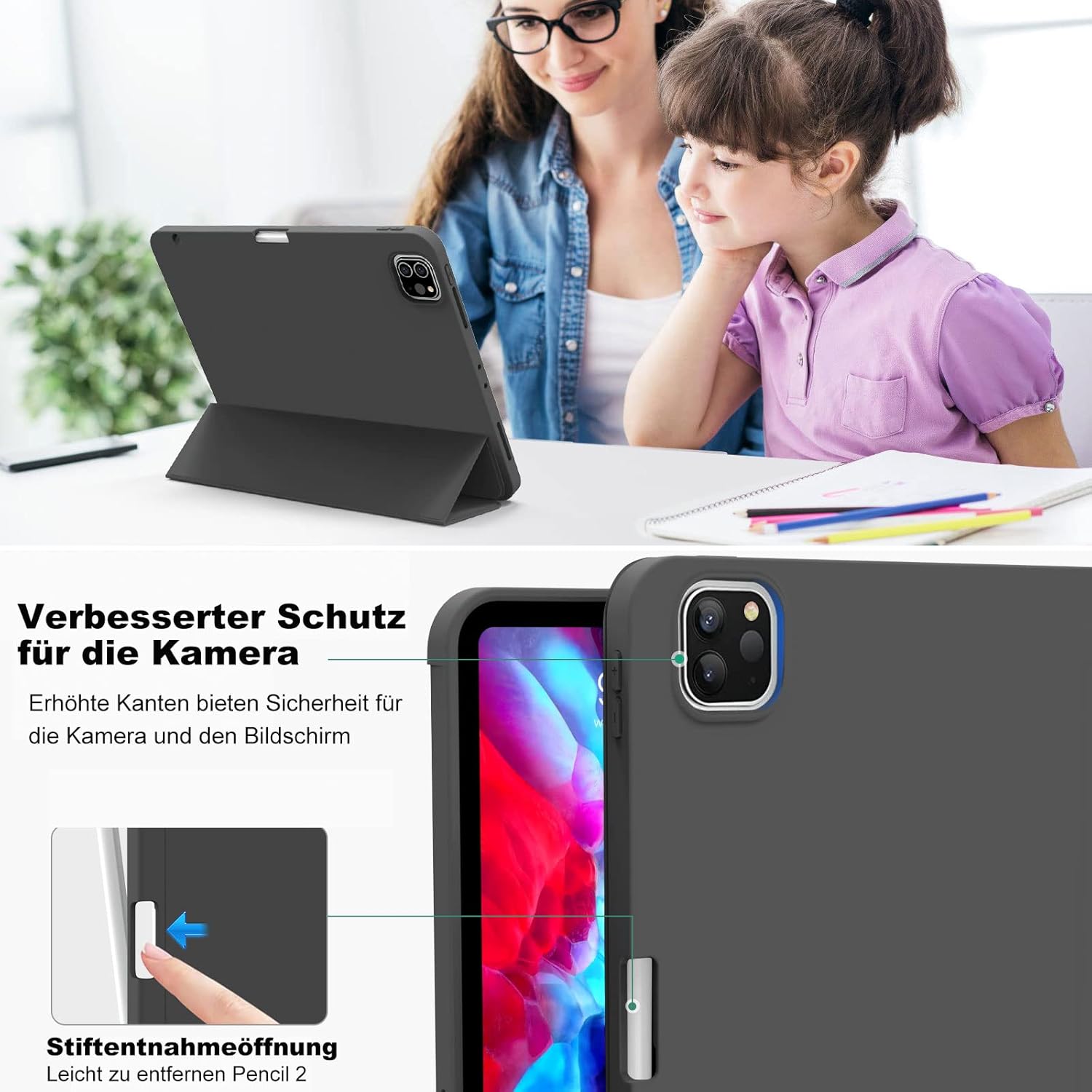 Thumbnail 3 de aoub Hülle für iPad Pro 11 Zoll (2./3./4. Gen, 2020–2022) mit Stifthalter – Weiche Silikonhülle, Pencil 2 Ladefunktion, Auto Sleep/Wake