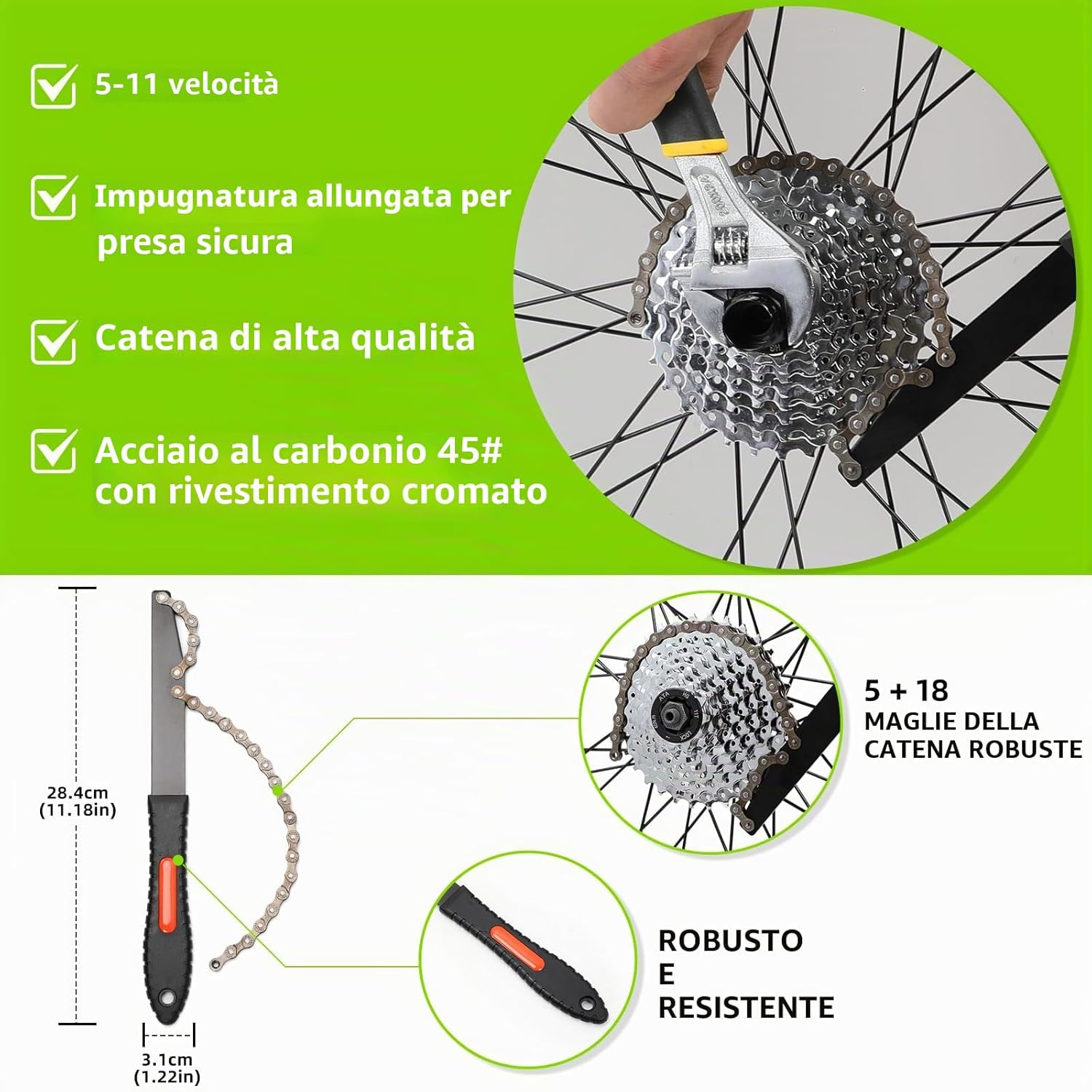 Detalle de Fengzio Kit Attrezzi Bici 2 in 1: chiave per cassetta e ruota libera + frusta catena per rimozione/attacco