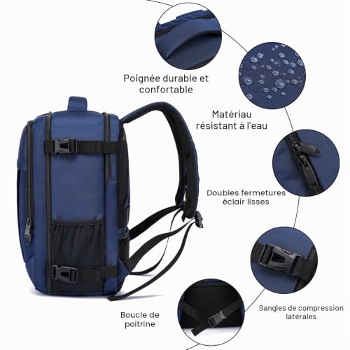 Detalle de LIGSAN Bagage Cabine 40x30x20: Sac à Dos Cabine 24L pour ordinateur 15,6 pouces, antidéflagrant et organisé