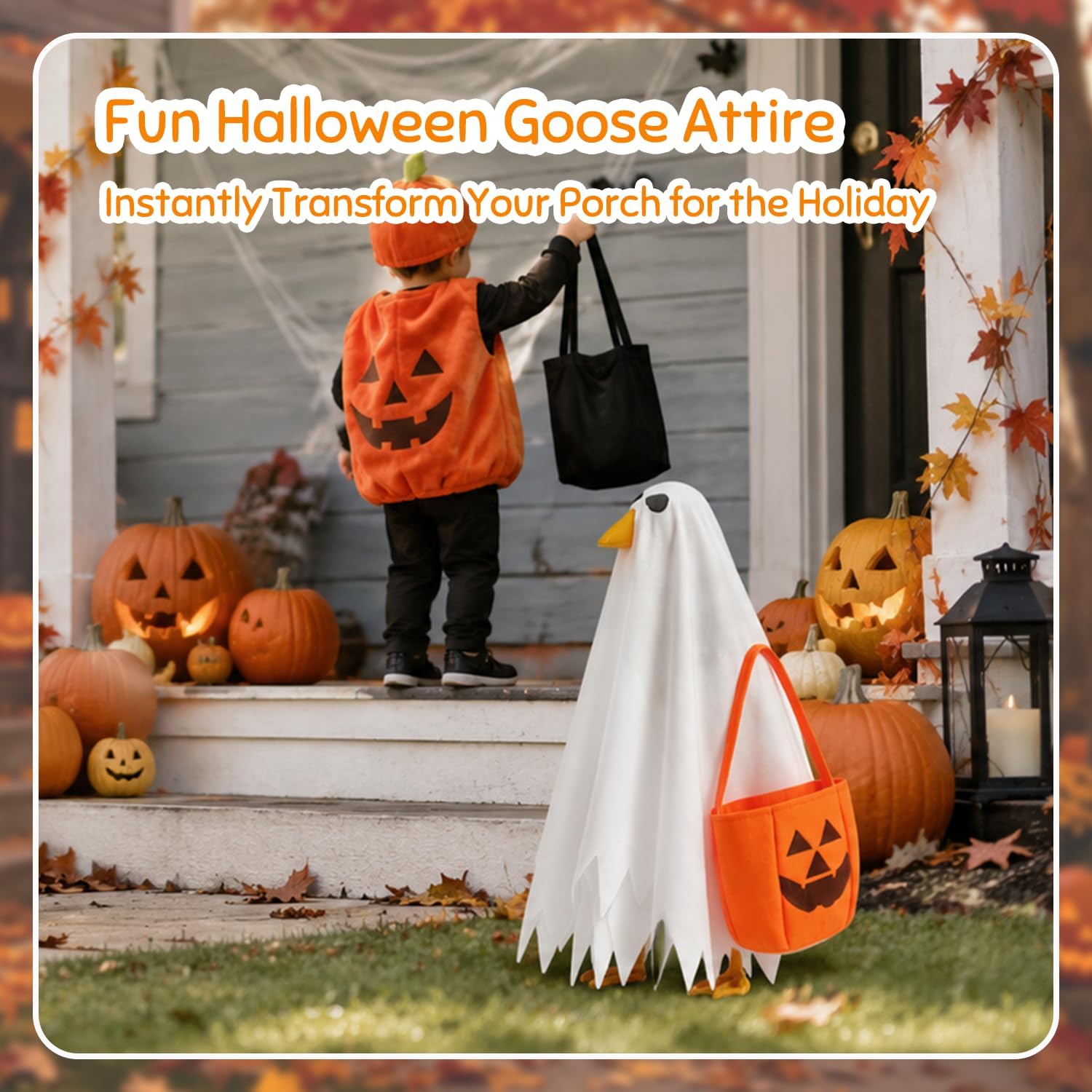 Detalle 2 de MEQUER Halloween Ghost Costume for 23-Inch Goose Statue with Pumpkin Bag