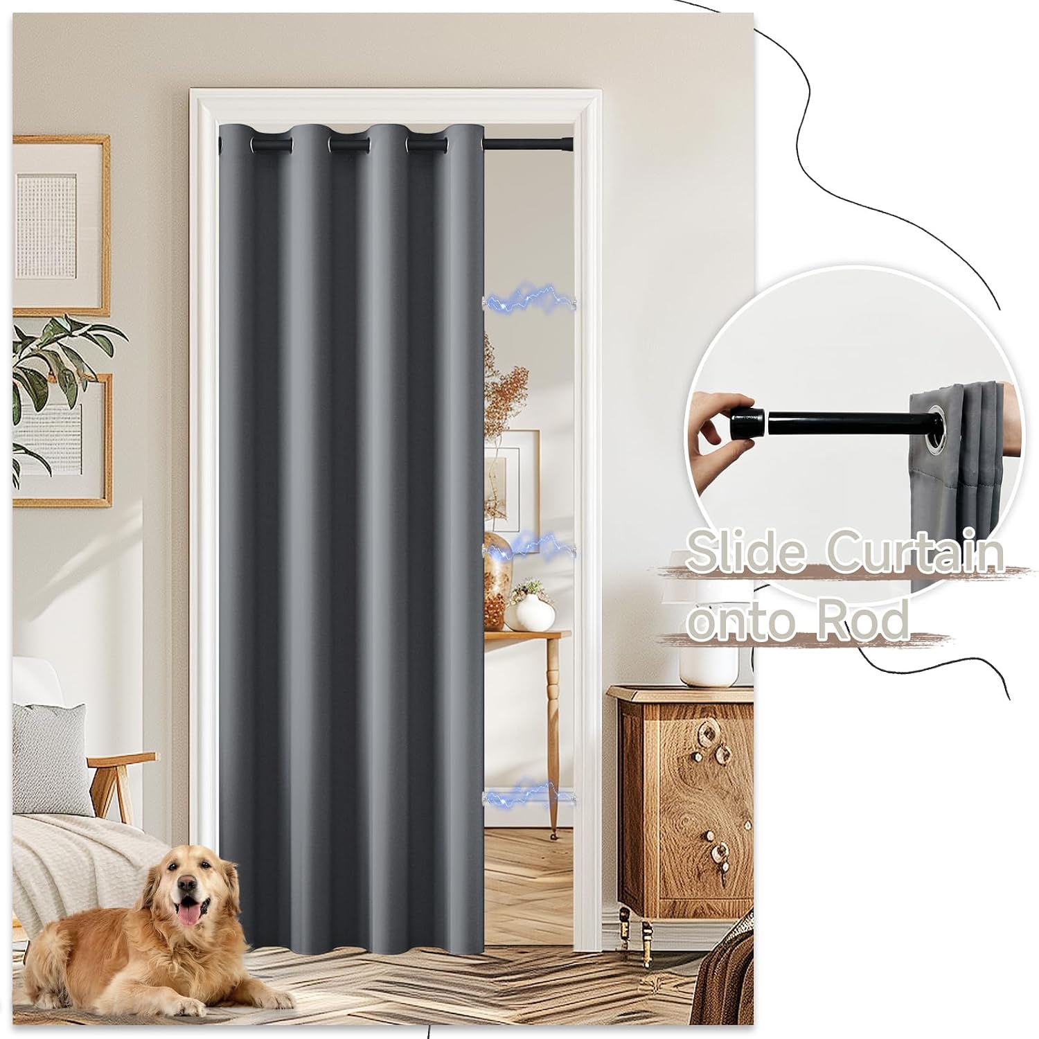 Thumbnail 4 de JCyh blickdichter Türvorhang mit Teleskopstange – H195 x B132 cm, Grau, einfache Montage ohne Bohren
