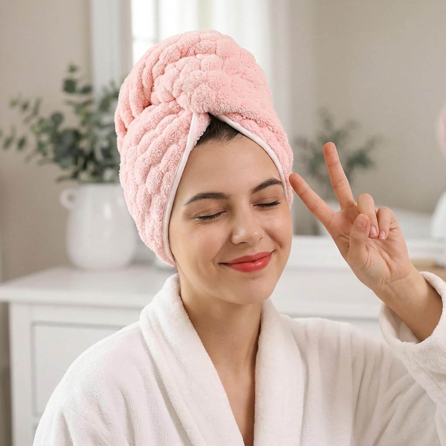 Thumbnail 6 de REDKISS Pink Microfiber Hair Towel Wrap with Elastic Strap for Long Hair