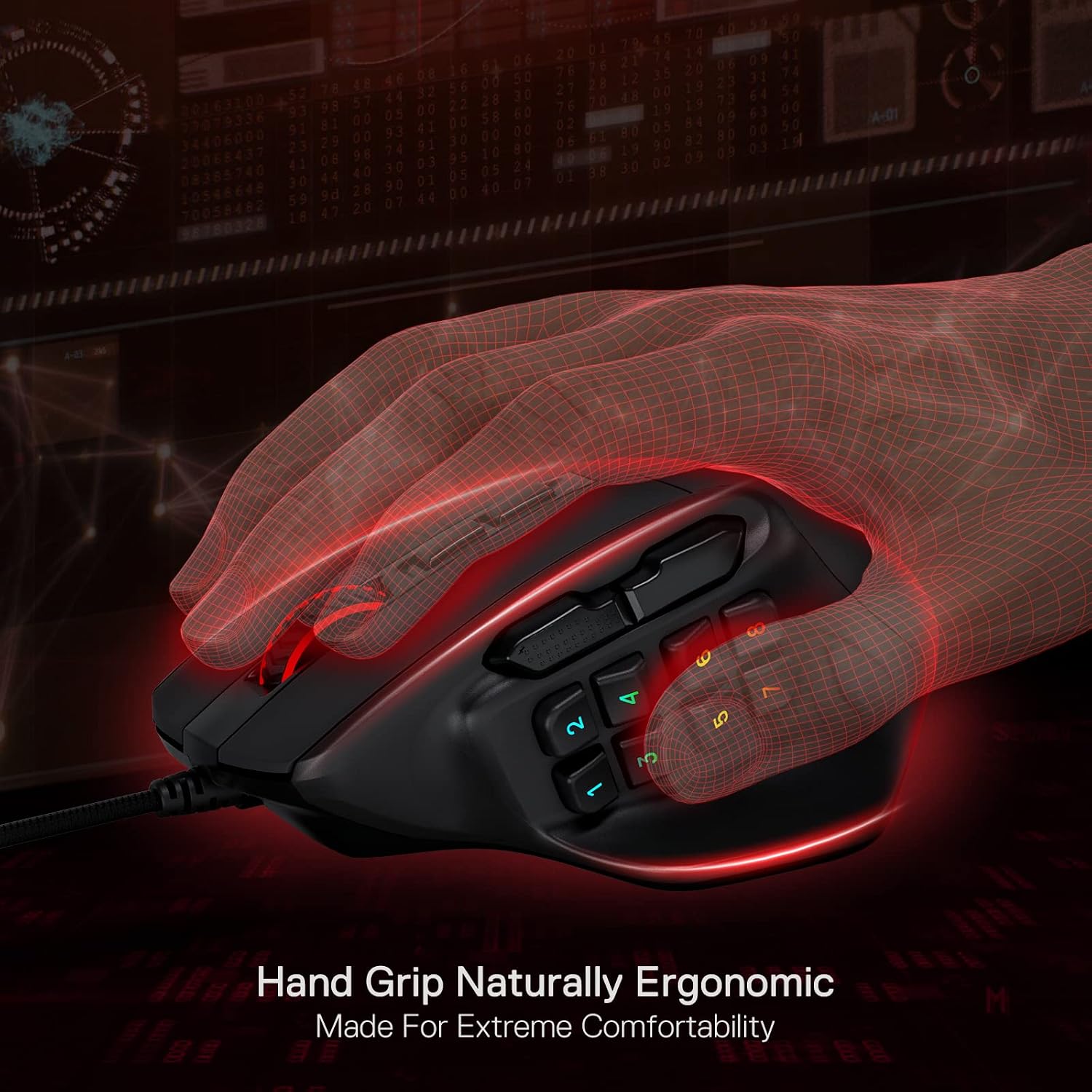 Detalle de Redragon M811 Aatrox MMO mouse da gioco cablato con 15 pulsanti programmabili e RGB