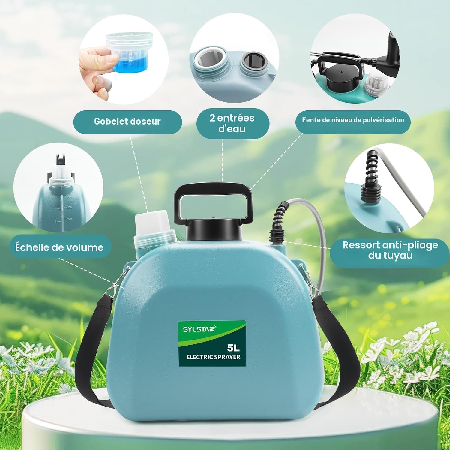 Detalle de SYLSTAR Pulverisateur Électrique 5L – Pulvérisateur de Jardin 7,4V avec 4 buses réglables et embout télescopique