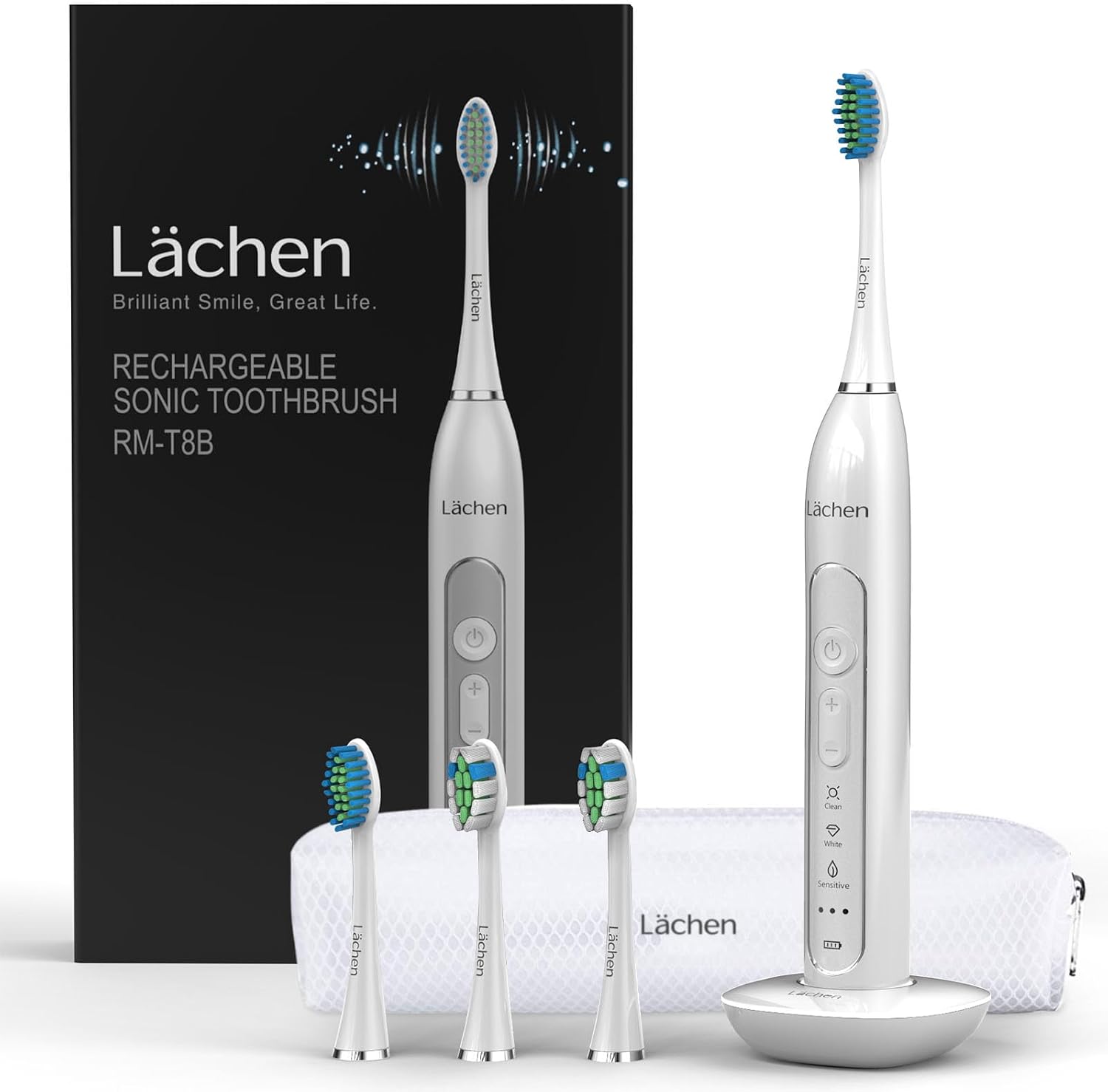 Detalle de Lächen Sonic Schallzahnbürste RM-T8B mit Timer, 3 Modi, 4 Aufsteckbürsten & Reisetasche (A-weiß)