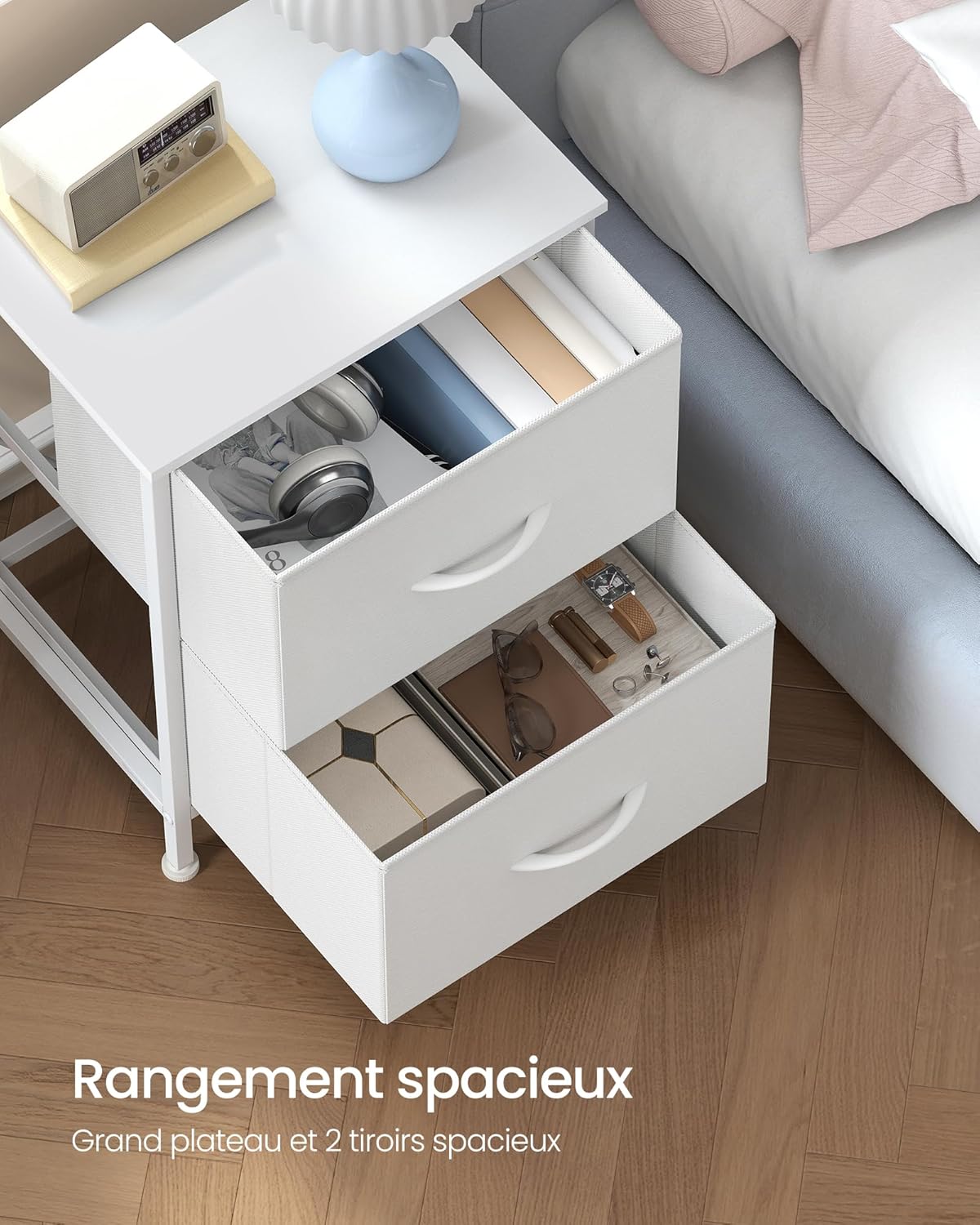 Detalle de SONGMICS BELLAH Collection - Table de Chevet avec 2 Tiroirs (LGS112WH01), cadre acier et plateau bois, blanc nuage / blanc neige