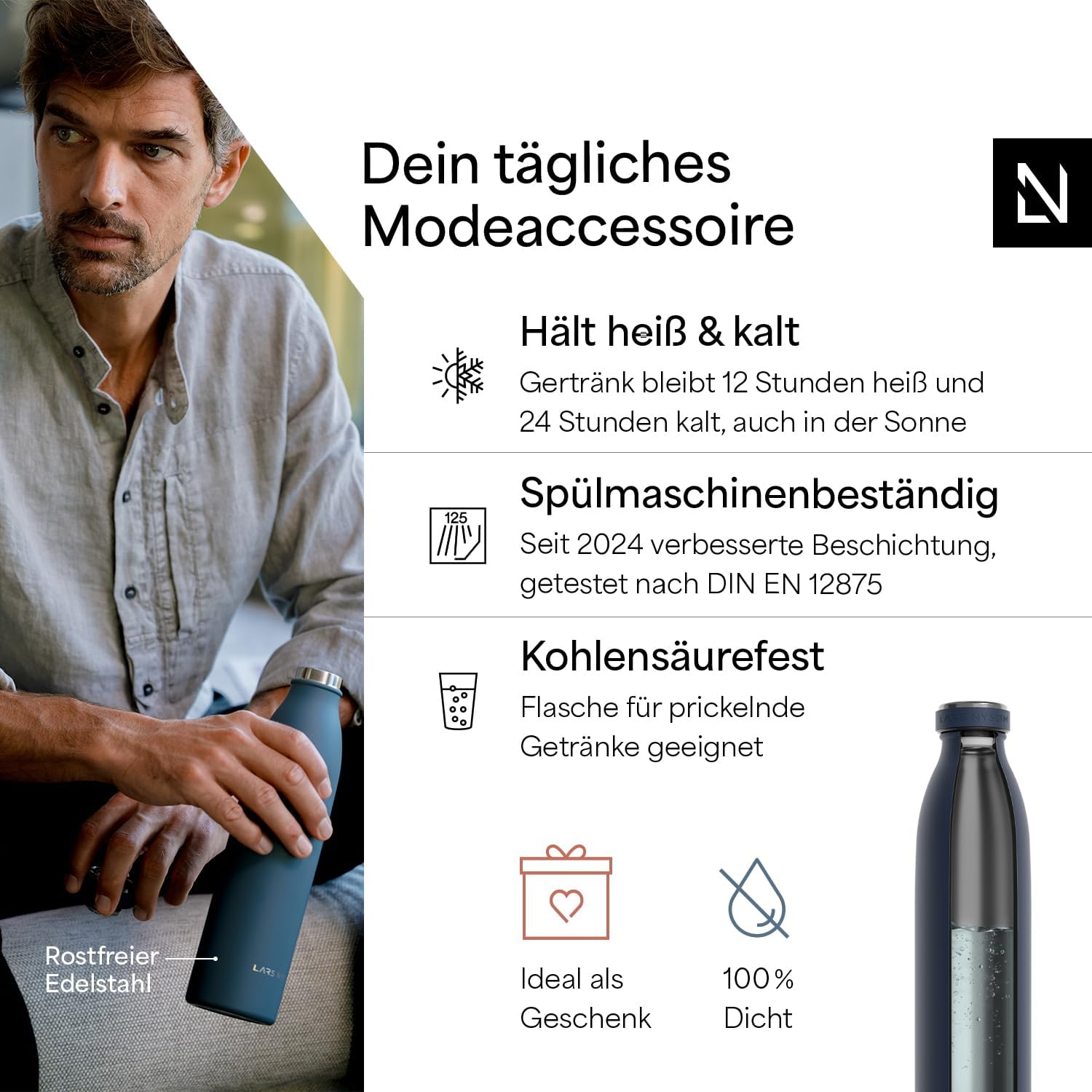 Thumbnail 1 de LARS NYSØM Edelstahl-Trinkflasche „Ren“ 500 ml (Midnight Blue) – 12 h heiß / 24 h kalt, kohlensäuregeeignet