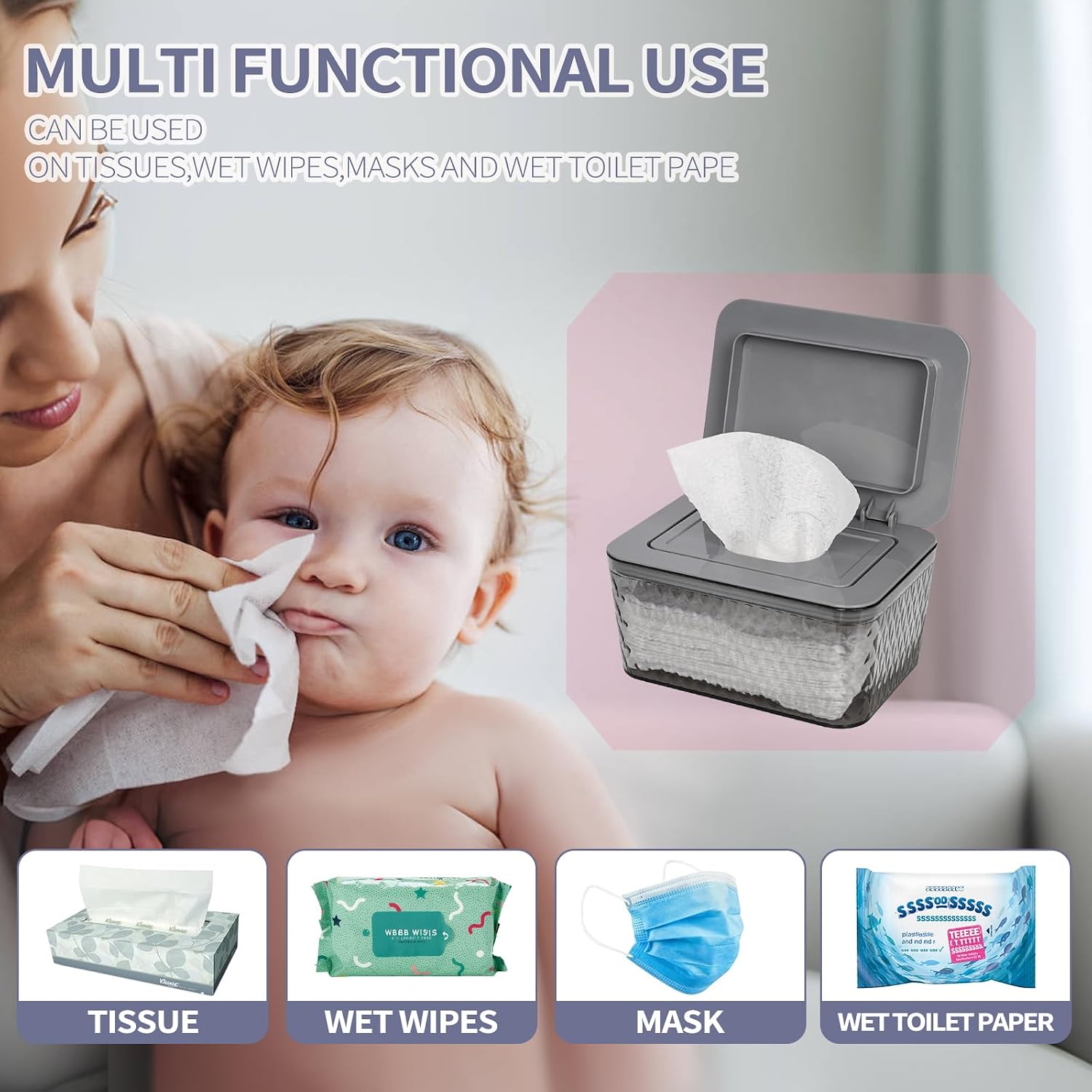 Detalle 1 de Whiidoom Wipes Dispenser, Grey Clear Holder with One-Handed Access