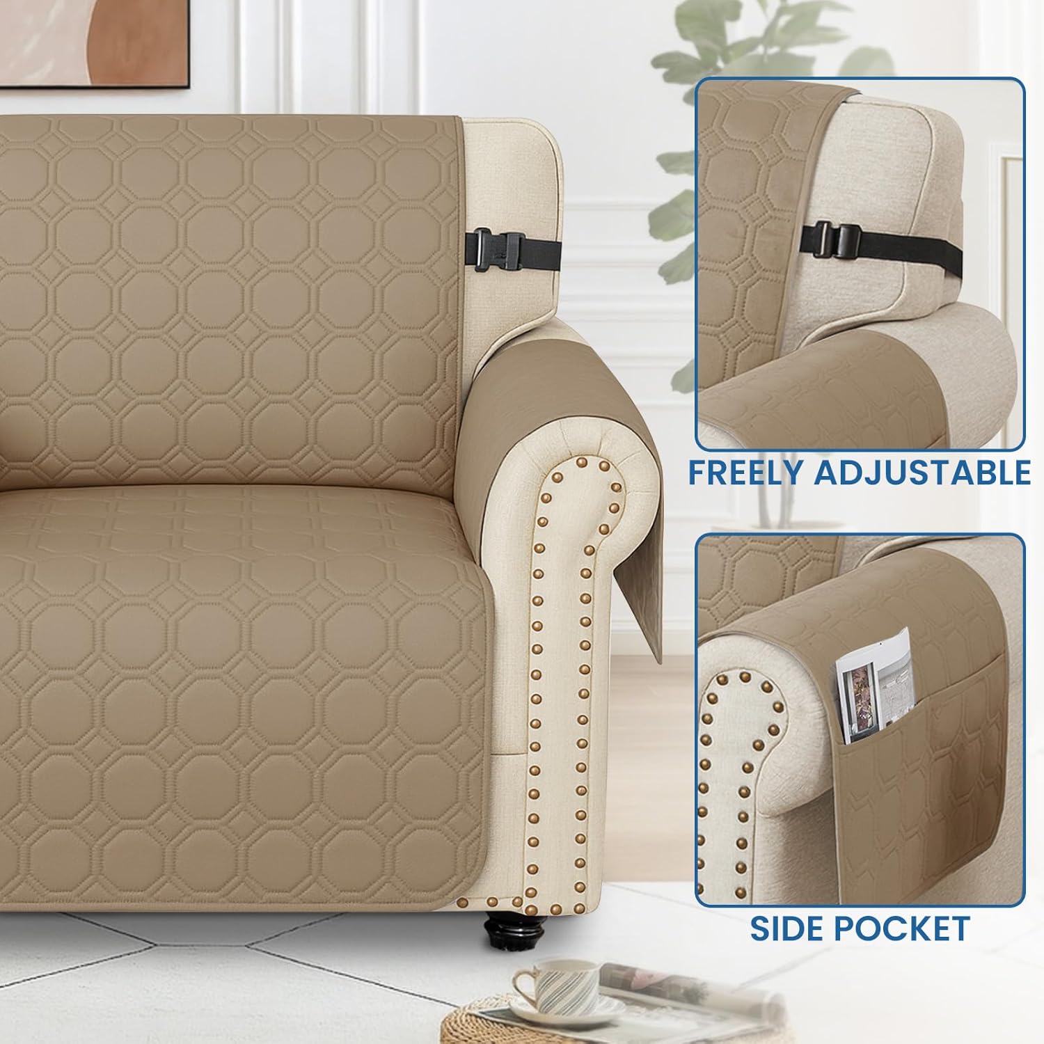 Thumbnail 6 de Ystyle Housse de canapé imperméable 2 places avec accoudoirs, kaki – protection antidérapante et poches latérales