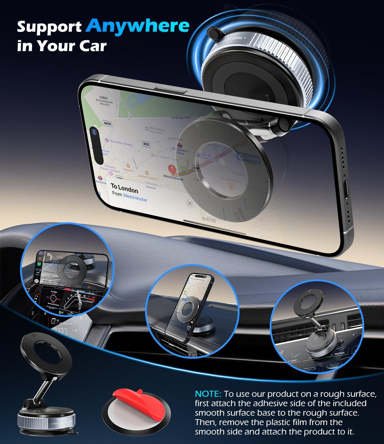 Thumbnail 1 de ALAFY Vacuum Suction Cup Car Phone Holder (MagSafe compatible) – 360° adjustable magnetic mount, black
