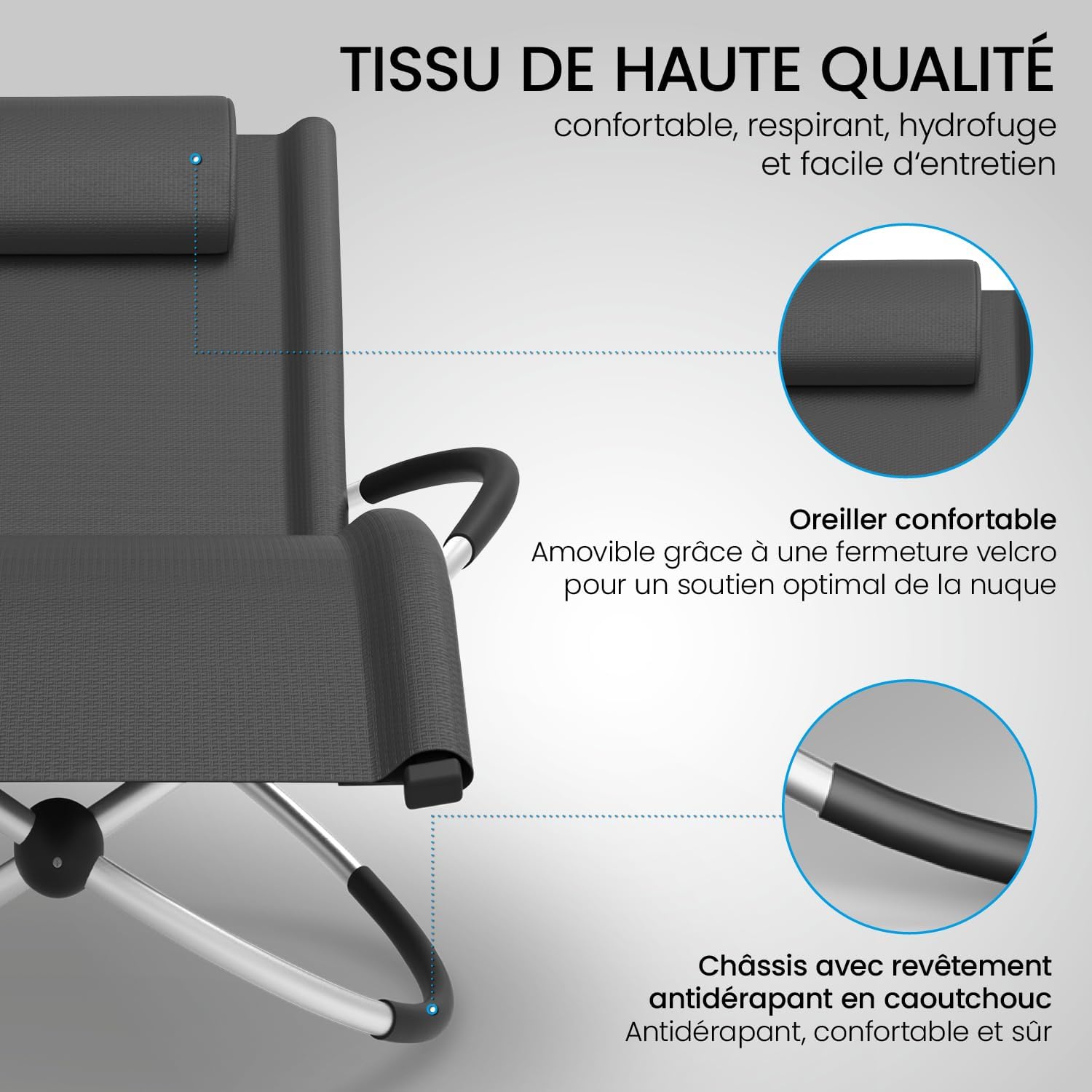 Detalle de ELONEO Chaise Longue à Bascule Extérieure avec Pochette – confort zéro gravité et matière résistante