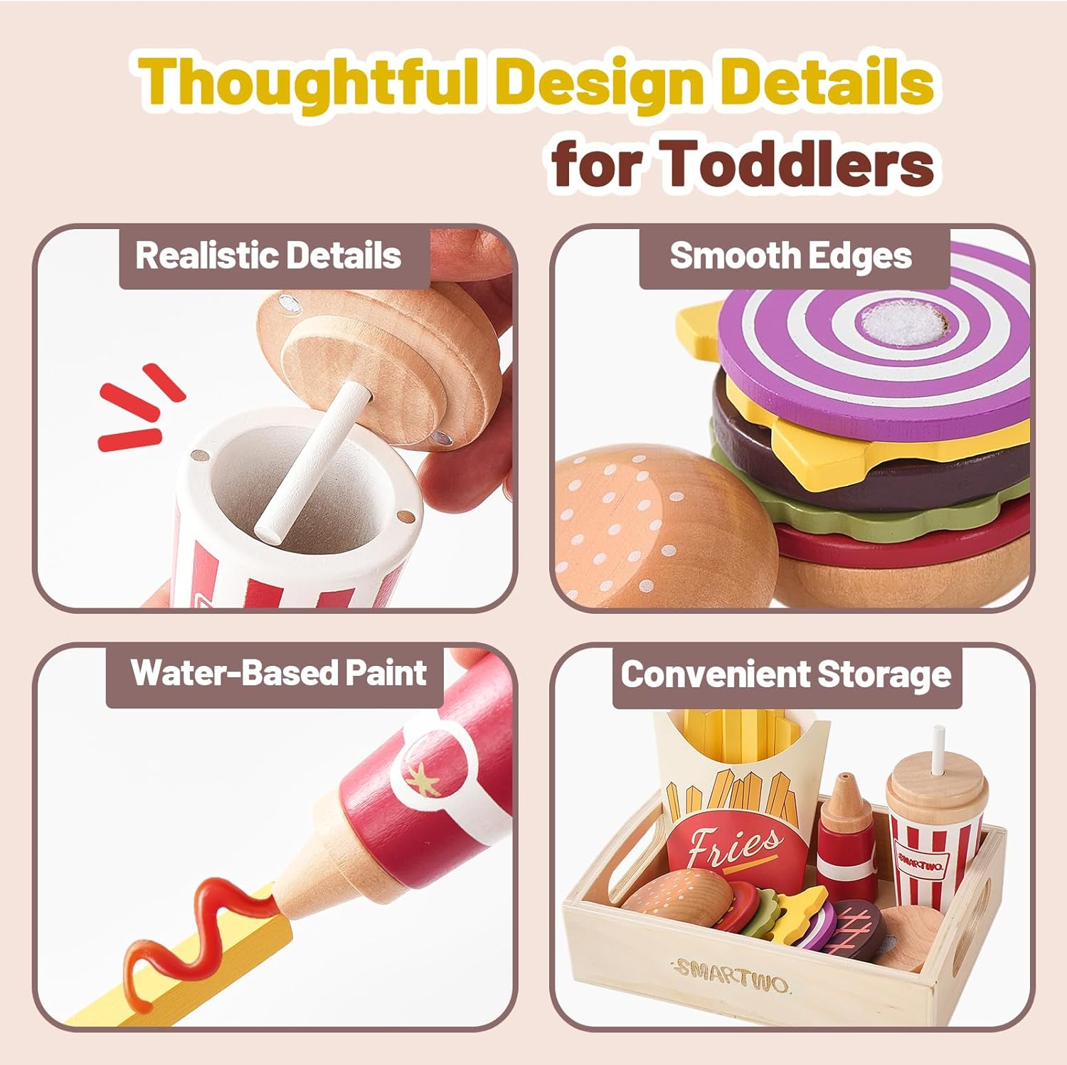 Thumbnail 1 de Smartwo Wooden Fast Food Play Set: Burger, Fries & Drink with Menu for Kids