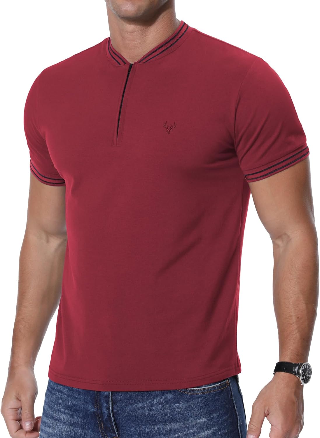 Detalle de PCEAIIH Men's Henley T-Shirt with Zip Stand Neck and Deer Head Embroidery
