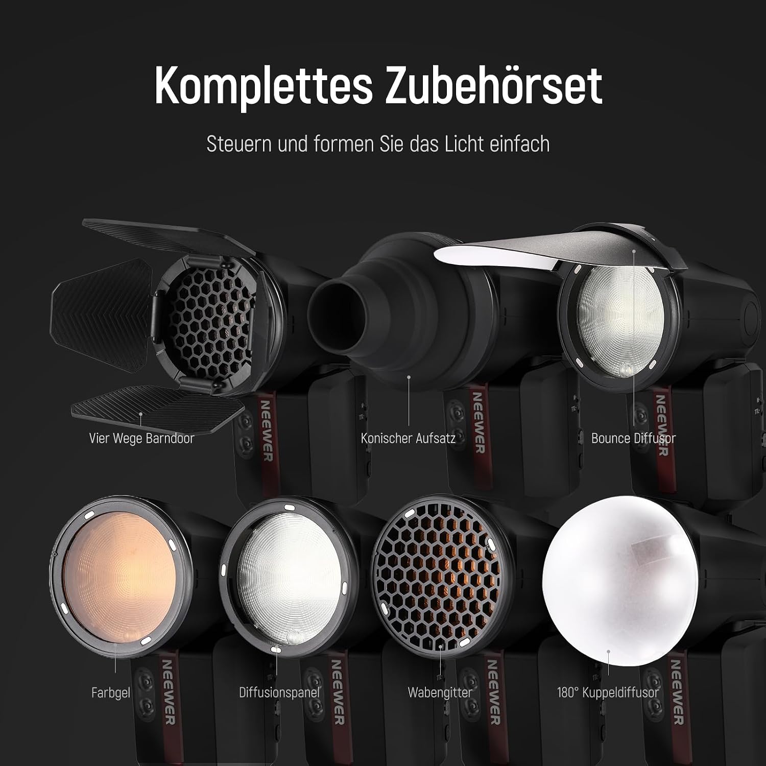 Thumbnail 1 de NEEWER CRM2 magnetisches Zubehörset für Rundkopfblitz (u. a. kompatibel mit Godox V1) inkl. 14-teiligem Steuerungs- und Diffusor-Set